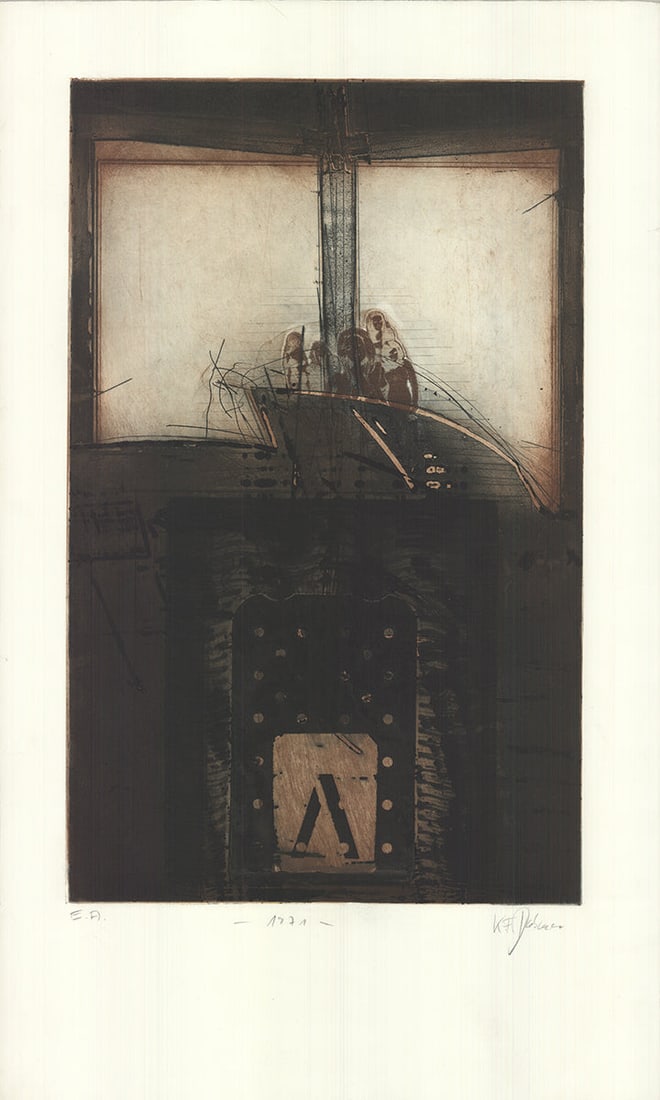 Karl Fred Dahmen - Untitled - 1971 Etching - SIGNED 41.75" x 25": Untitled by Karl Fred Dahmen, 1971 Signed Etching. Paper size is 41.75 x 25 inches, with an image size of 31.25 x 19.5 inches. The Etching is from an unknown edition size. and is not framed. The condi