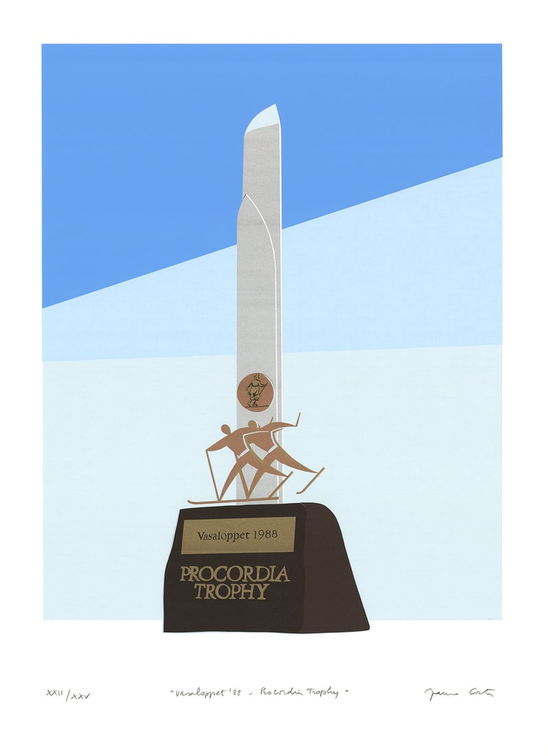 Franco Costa - Vasaloppet '88 Procordia Trophy - 1988 Serigraph - SIGNED 32.75" x 23.75": Vasaloppet '88 Procordia Trophy by Franco Costa, 1988 Signed Serigraph. Paper size is 32.75 x 23.75 inches, with an image size of 27.75 x 19.75 inches. The Serigraph is from an edition size of 25 and 