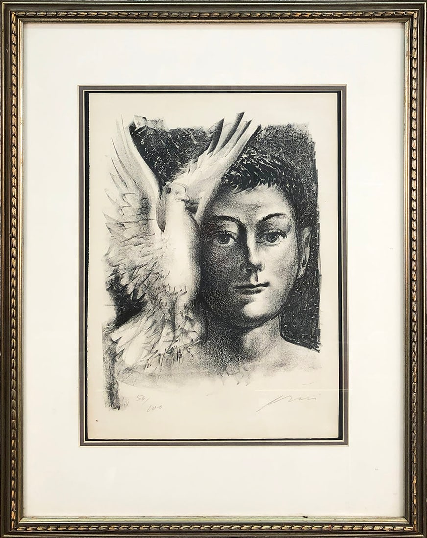 Aaron Esler - Young Man with Dove Portrait - 1985 Lithograph - SIGNED 24" x 19": Young Man with Dove Portrait by Aaron Esler, 1985 Signed Lithograph. Paper size is 24 x 19 inches, with an image size of 15.25 x 11 inches. The Lithograph is from an edition size of 100 and is current
