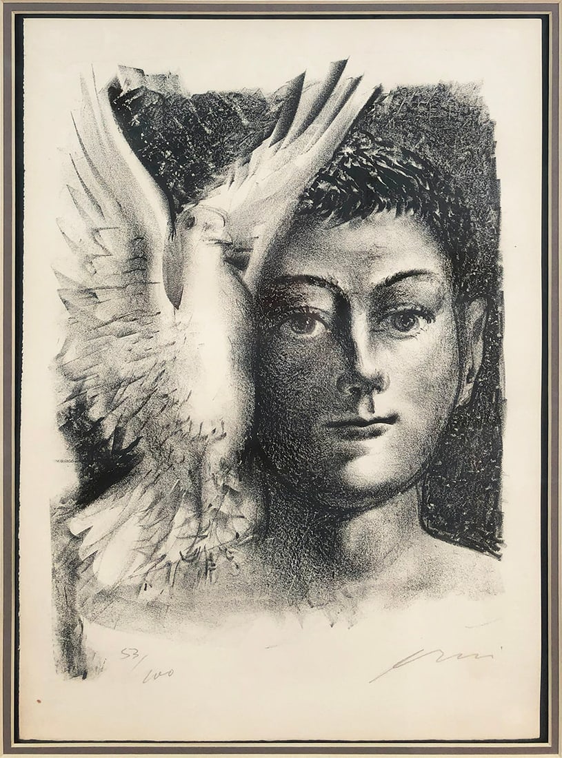 Aaron Esler - Young Man with Dove Portrait - 1985 Lithograph - SIGNED 24" x 19" - 2