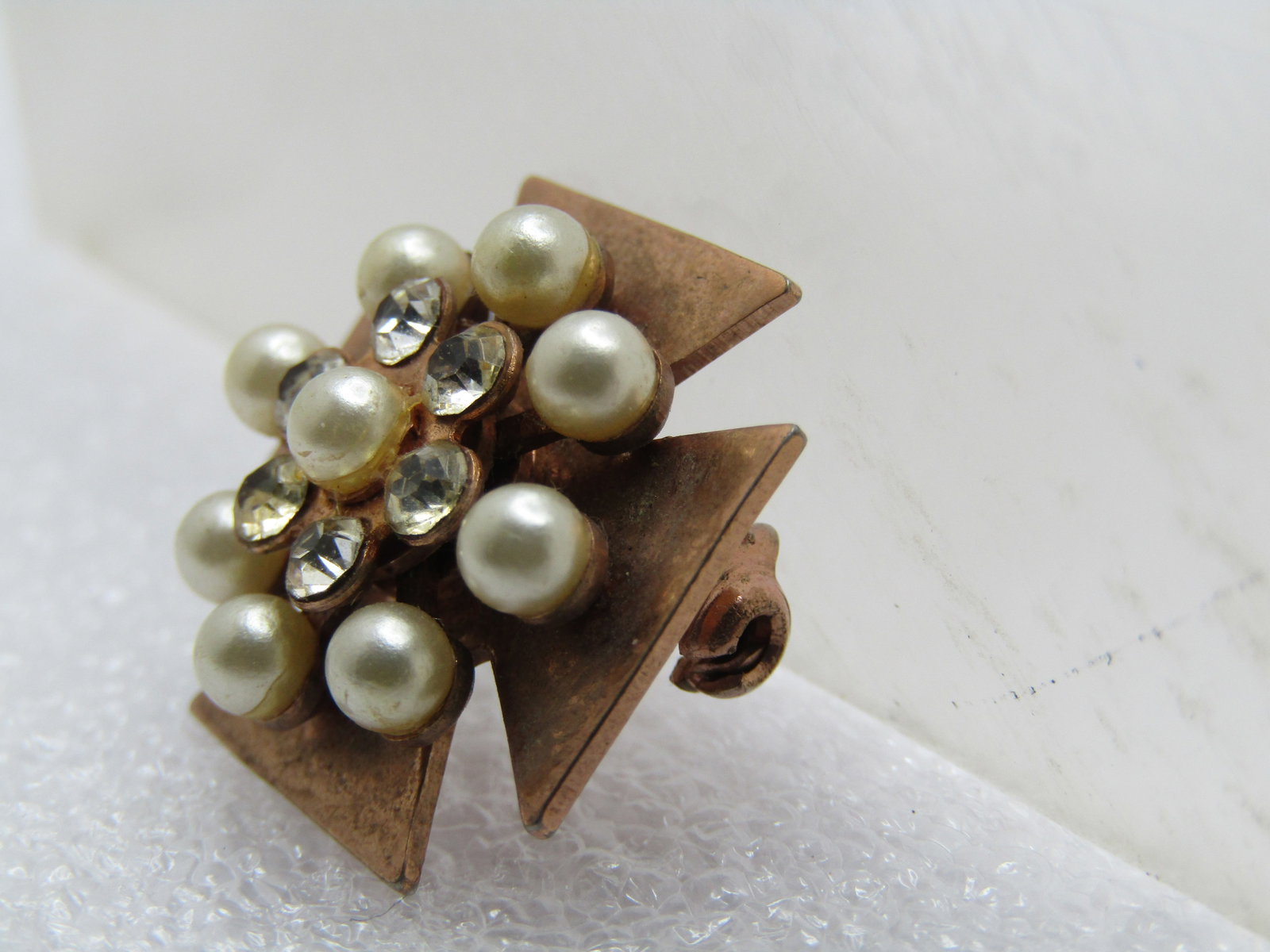 Vintage Faux Pearl and Rhinestone Maltese Cross Brooch, 10kt G.F., 1950's-1960's - 2