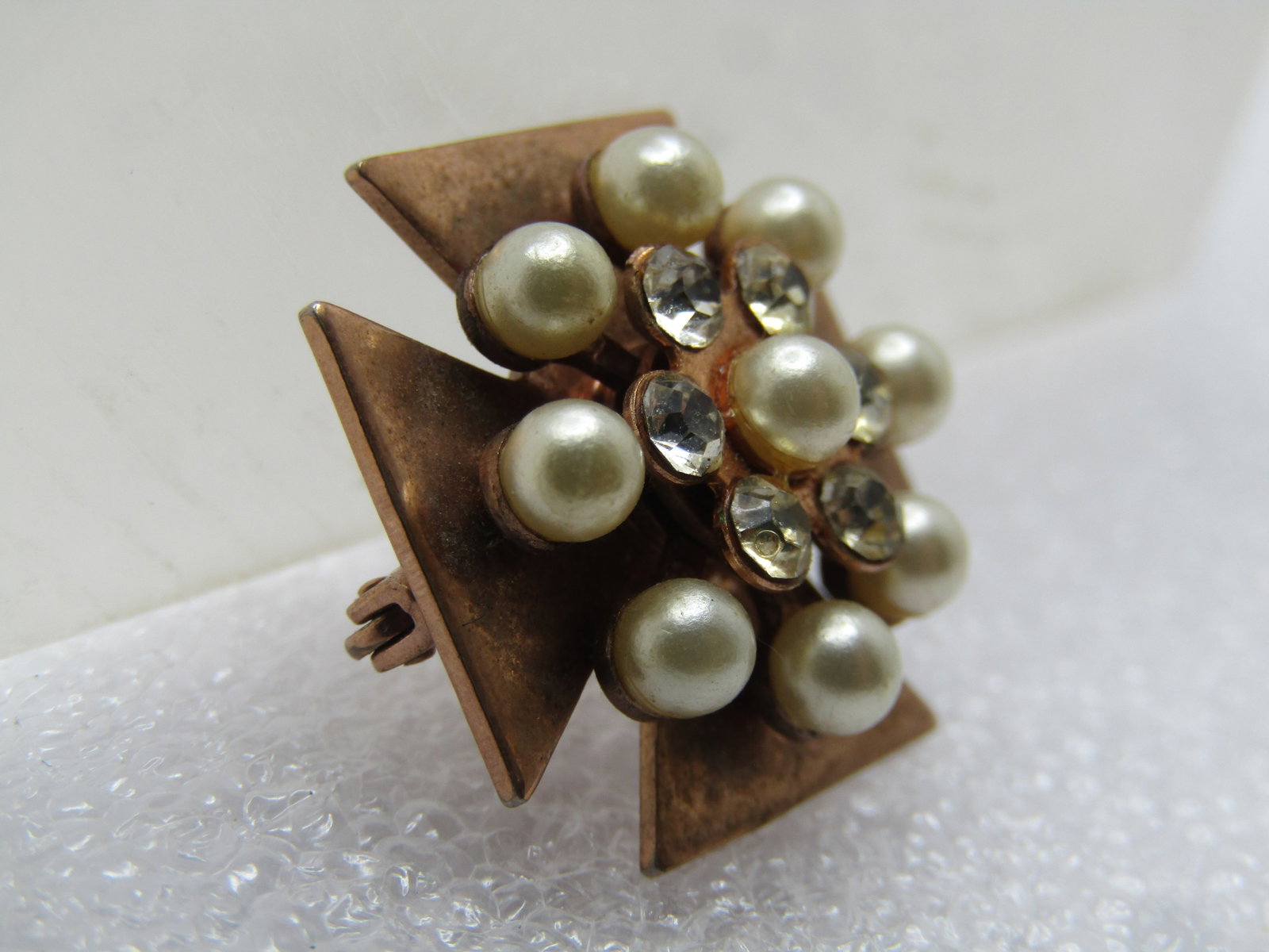 Vintage Faux Pearl and Rhinestone Maltese Cross Brooch, 10kt G.F., 1950's-1960's - 3