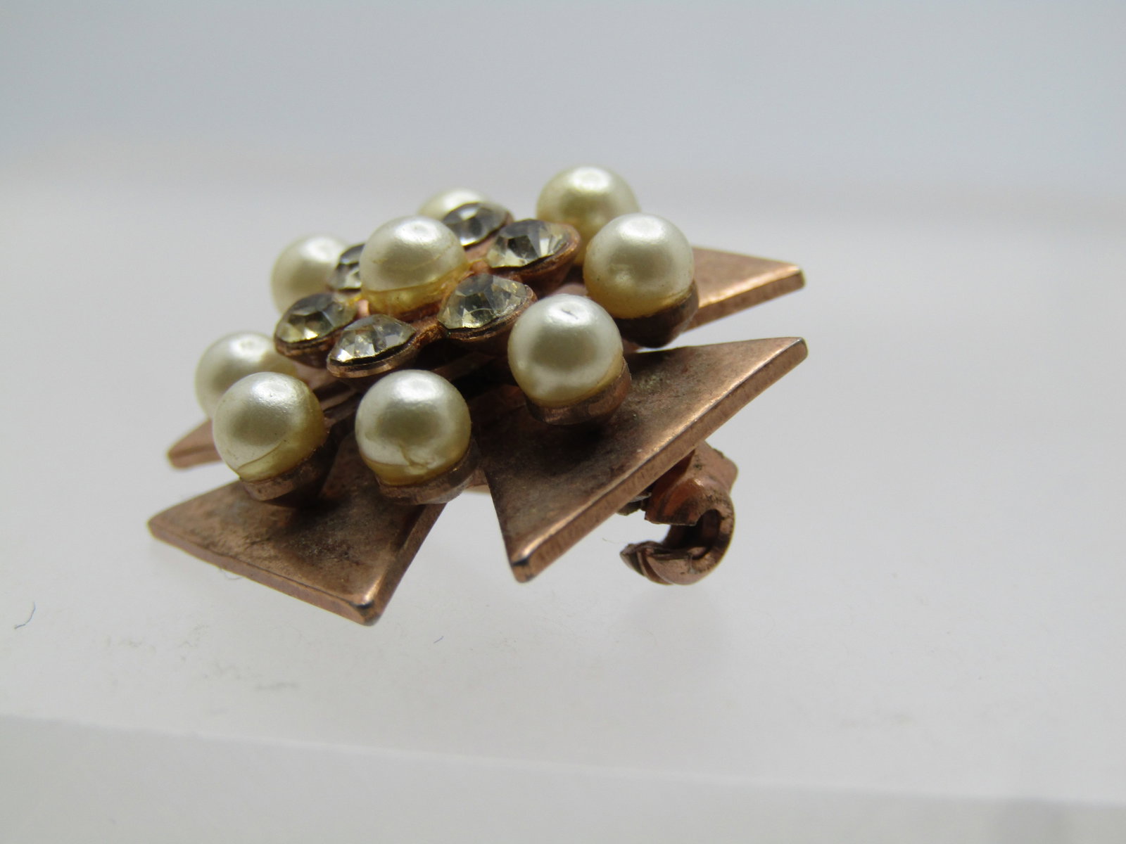 Vintage Faux Pearl and Rhinestone Maltese Cross Brooch, 10kt G.F., 1950's-1960's - 5