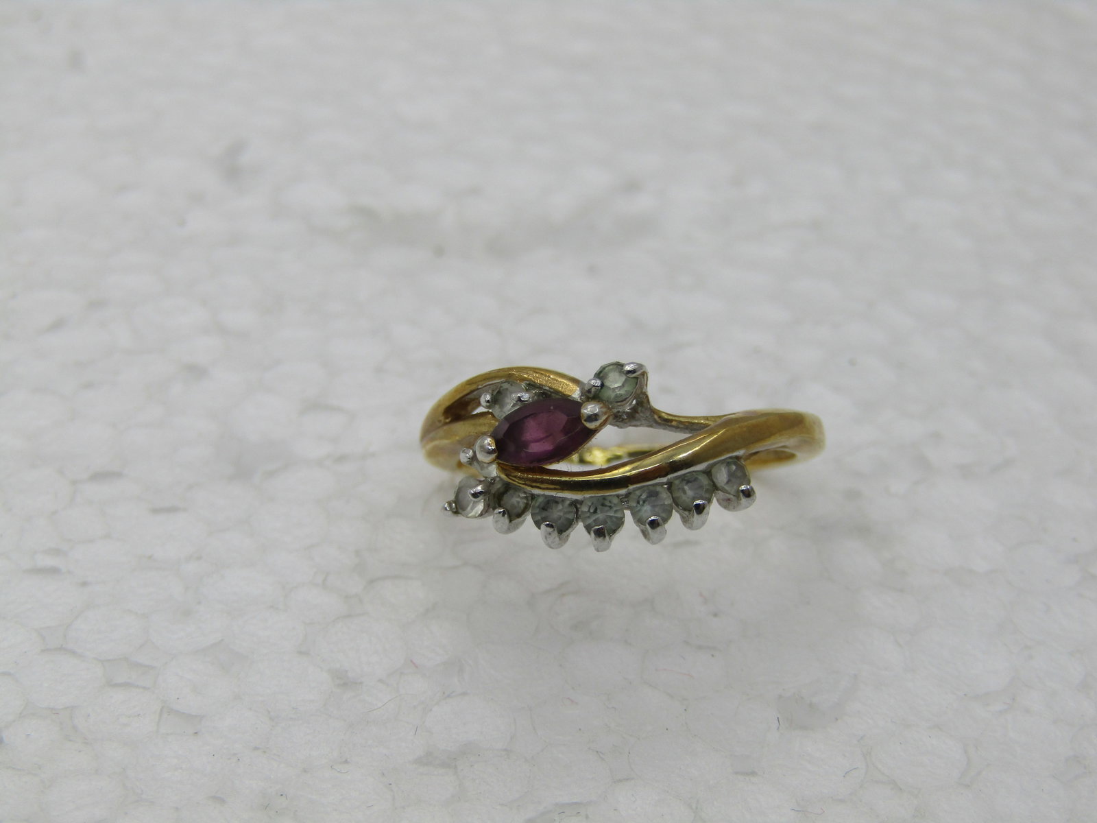 Vintage Maja 14kt GP Bypass Simulated Amethyst and Clear Stone Ring, Sz. 6.5 - 4