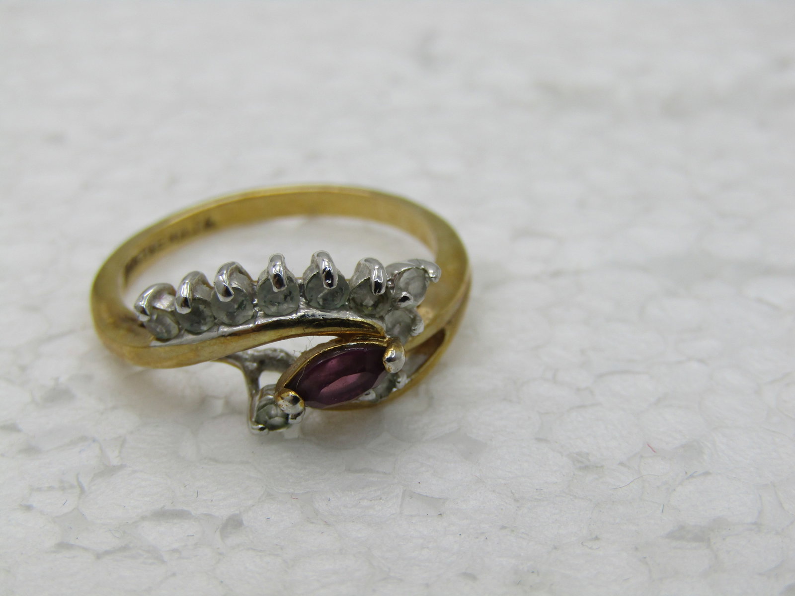 Vintage Maja 14kt GP Bypass Simulated Amethyst and Clear Stone Ring, Sz. 6.5 - 5