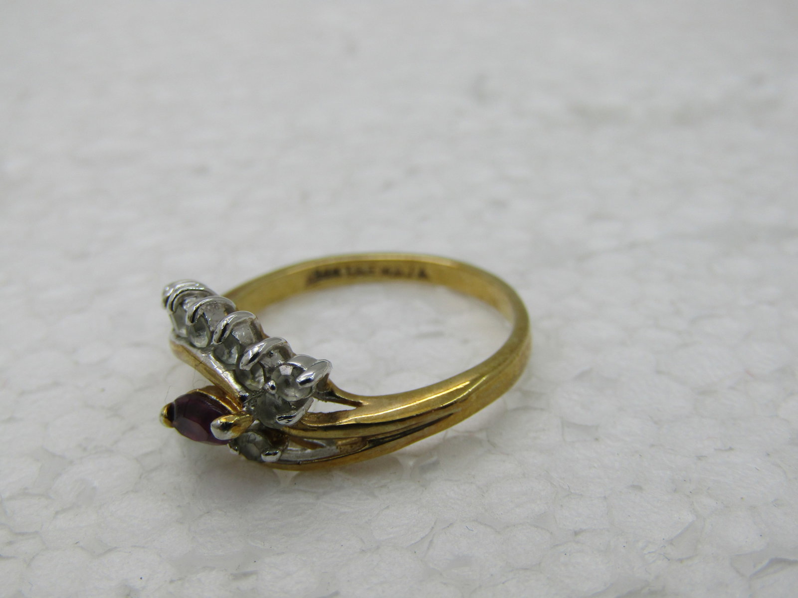 Vintage Maja 14kt GP Bypass Simulated Amethyst and Clear Stone Ring, Sz. 6.5 - 6