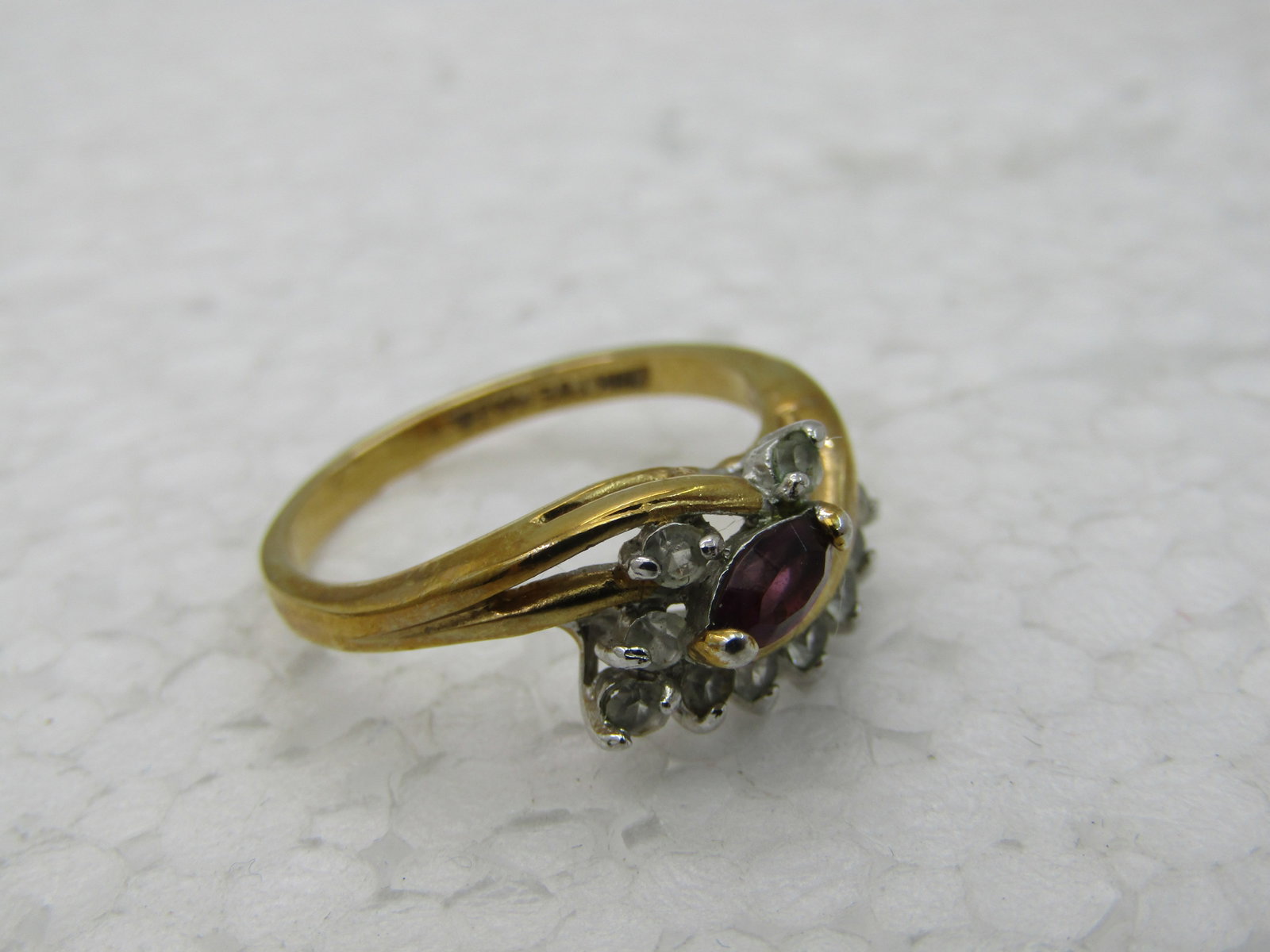 Vintage Maja 14kt GP Bypass Simulated Amethyst and Clear Stone Ring, Sz. 6.5 - 7