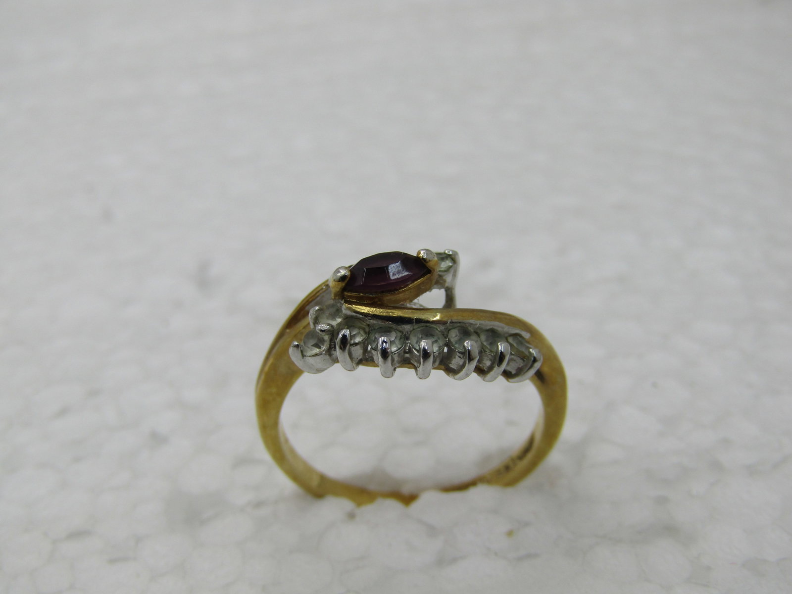 Vintage Maja 14kt GP Bypass Simulated Amethyst and Clear Stone Ring, Sz. 6.5 - 8