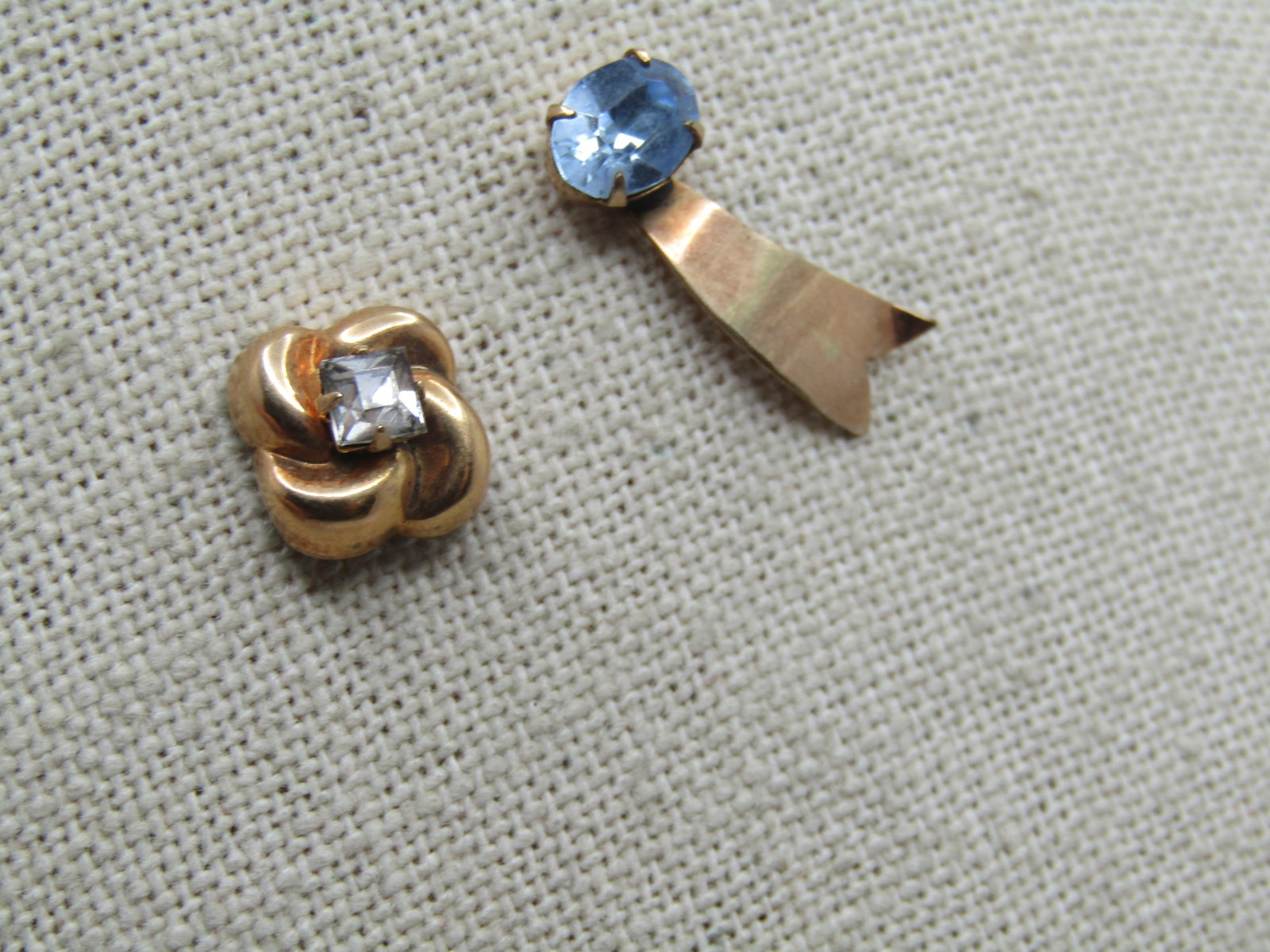 Two 10kt G.F. Tack/Collar Pins, Clear and Blue Stone 1940's-1950's - 2