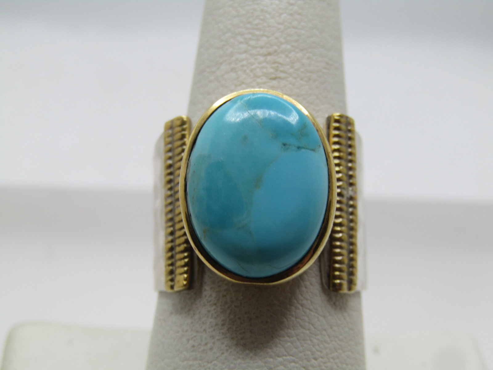 Sterling and 10KT GF Wide Turquoise Ring, Sz. 9, Modern, Signed (1 of 9)