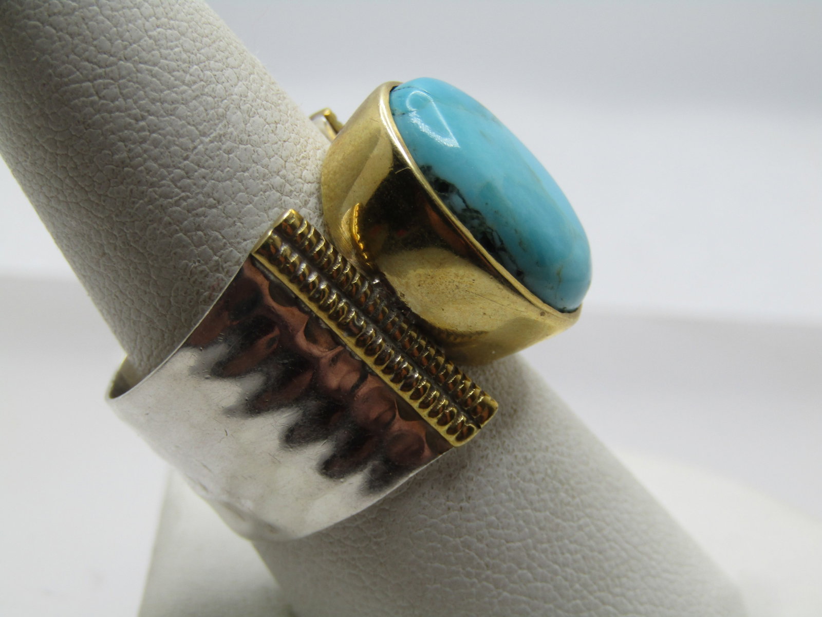 Sterling and 10KT GF Wide Turquoise Ring, Sz. 9, Modern, Signed - 4