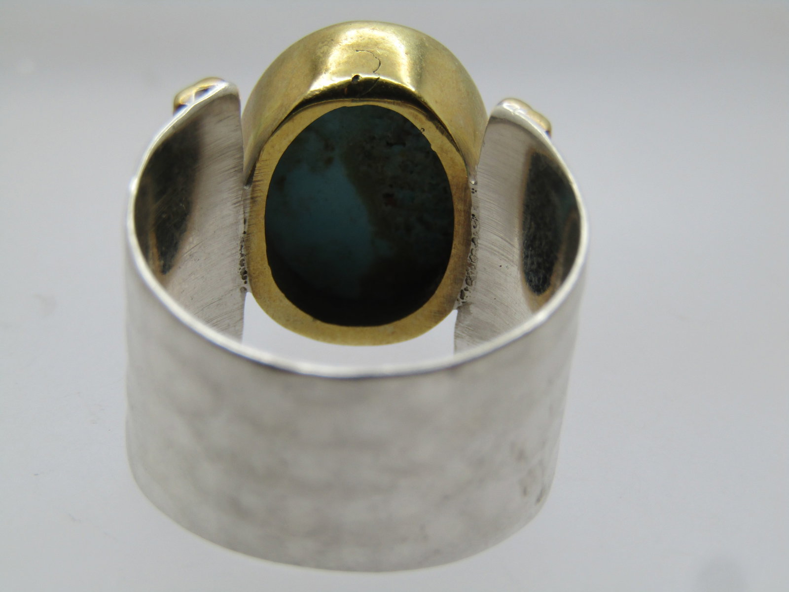 Sterling and 10KT GF Wide Turquoise Ring, Sz. 9, Modern, Signed - 9
