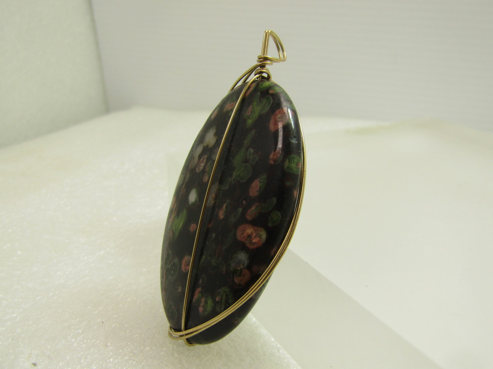 Wrapped Plum Blossom Jasper Pendant, 10kt G.F. Wire, 1980's-1990's - 2
