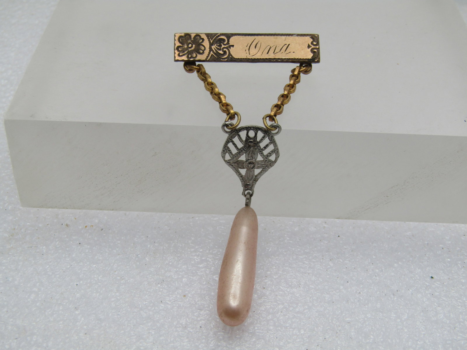 Vintage 10kt G.F. Ona Engraved Brooch, Drop Pearl, 1920's-1930's. (1 of 5)