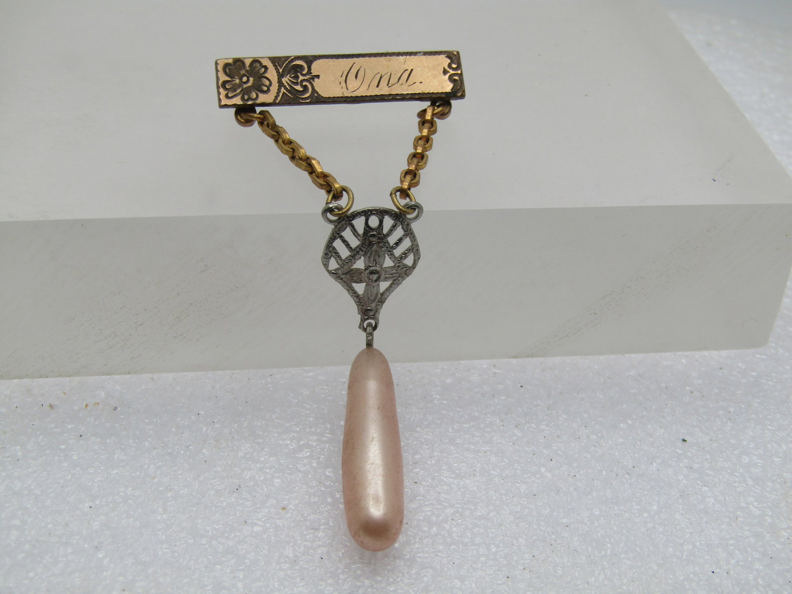 Vintage 10kt G.F. Ona Engraved Brooch, Drop Pearl, 1920's-1930's. - 2