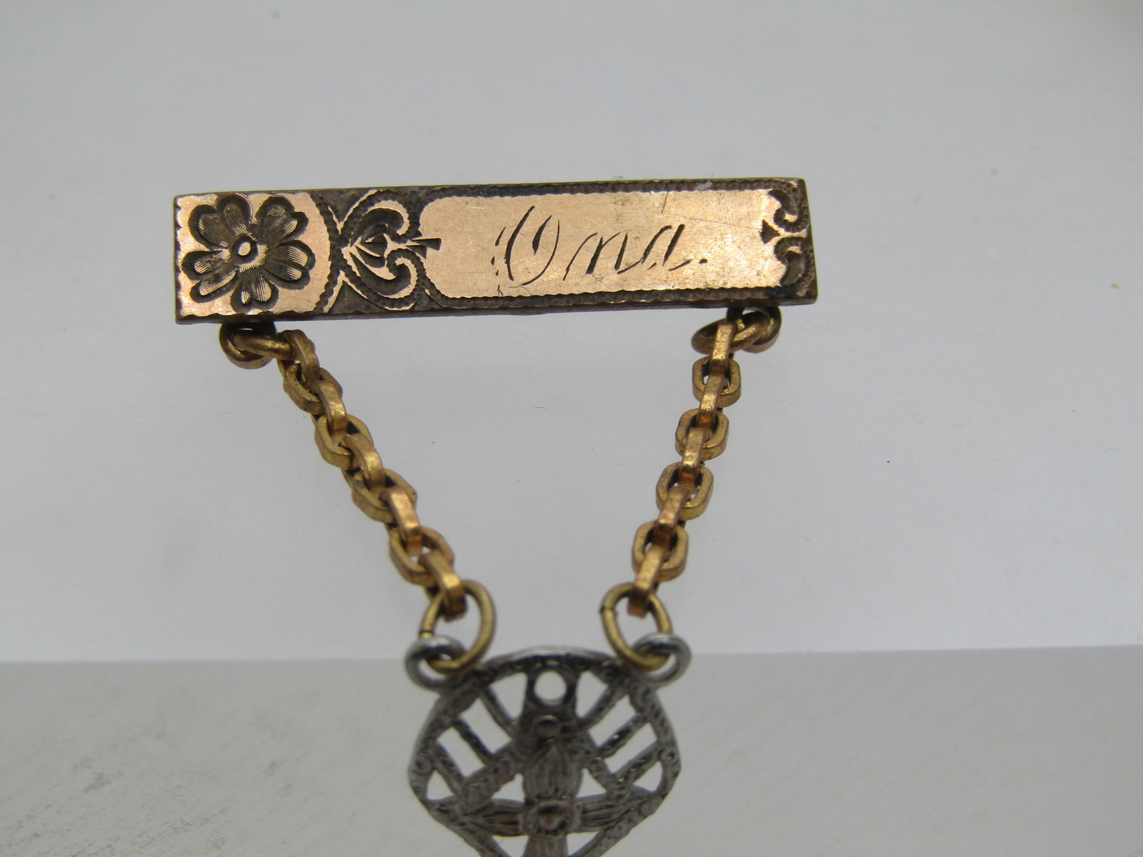 Vintage 10kt G.F. Ona Engraved Brooch, Drop Pearl, 1920's-1930's. - 3