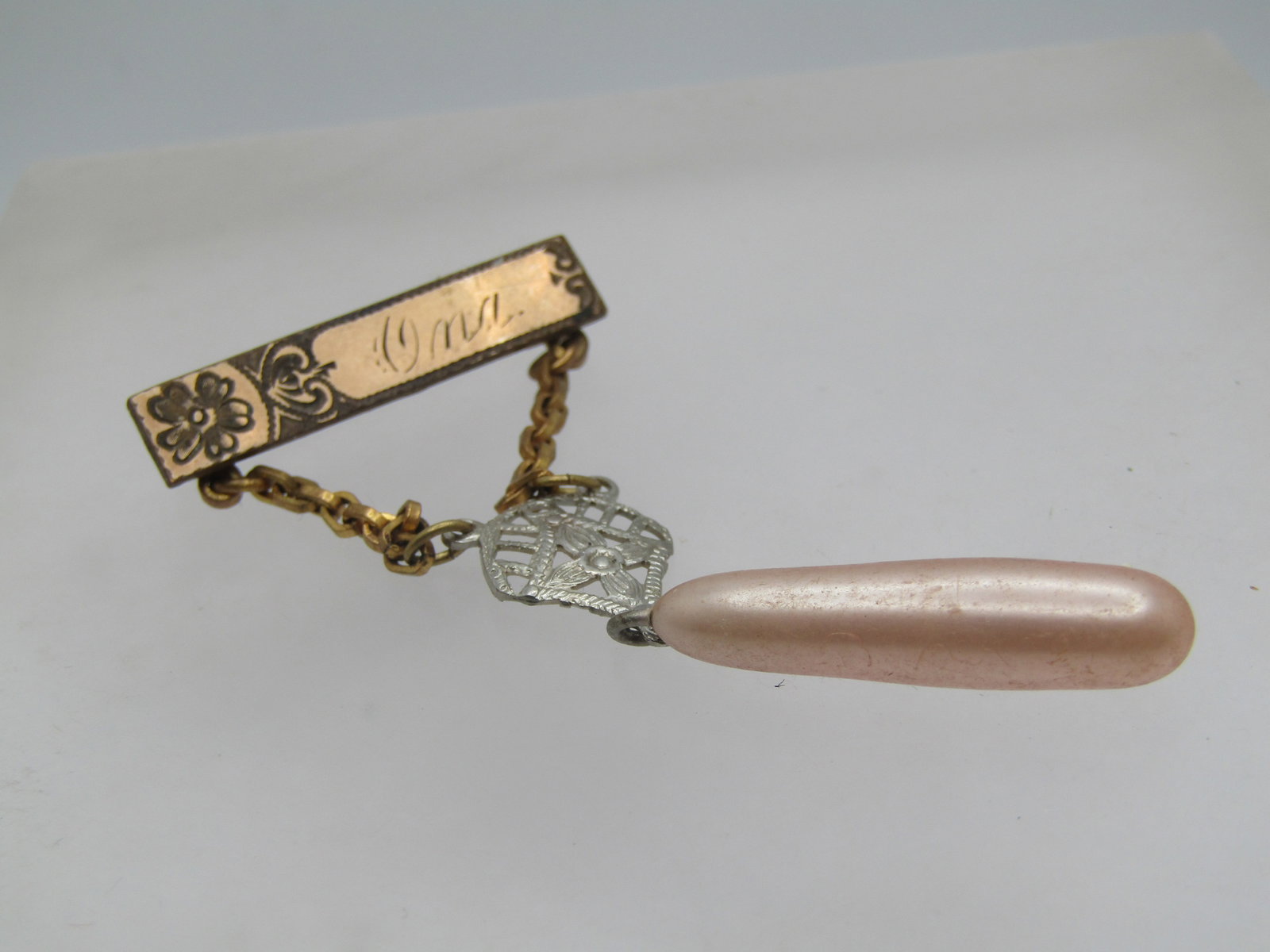 Vintage 10kt G.F. Ona Engraved Brooch, Drop Pearl, 1920's-1930's. - 4