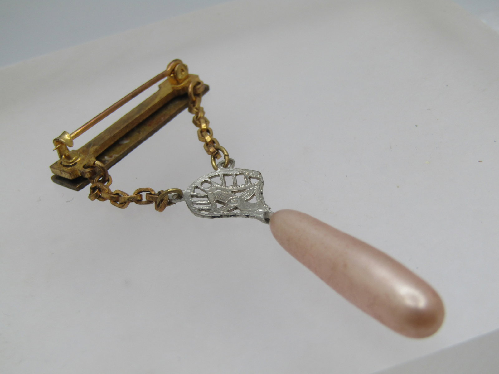 Vintage 10kt G.F. Ona Engraved Brooch, Drop Pearl, 1920's-1930's. - 5