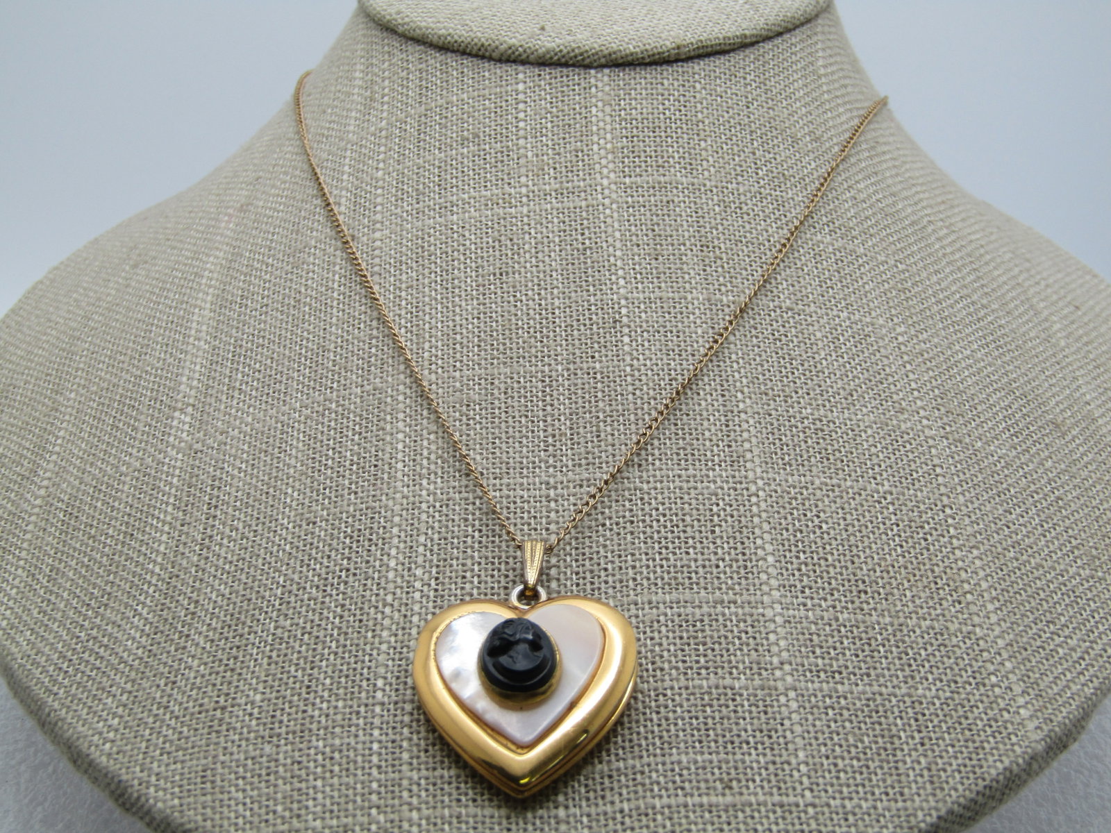 Vintage MOP Cameo Heart Locket Necklace, 16", 12kt. G.F., 1950's-1960's (1 of 6)