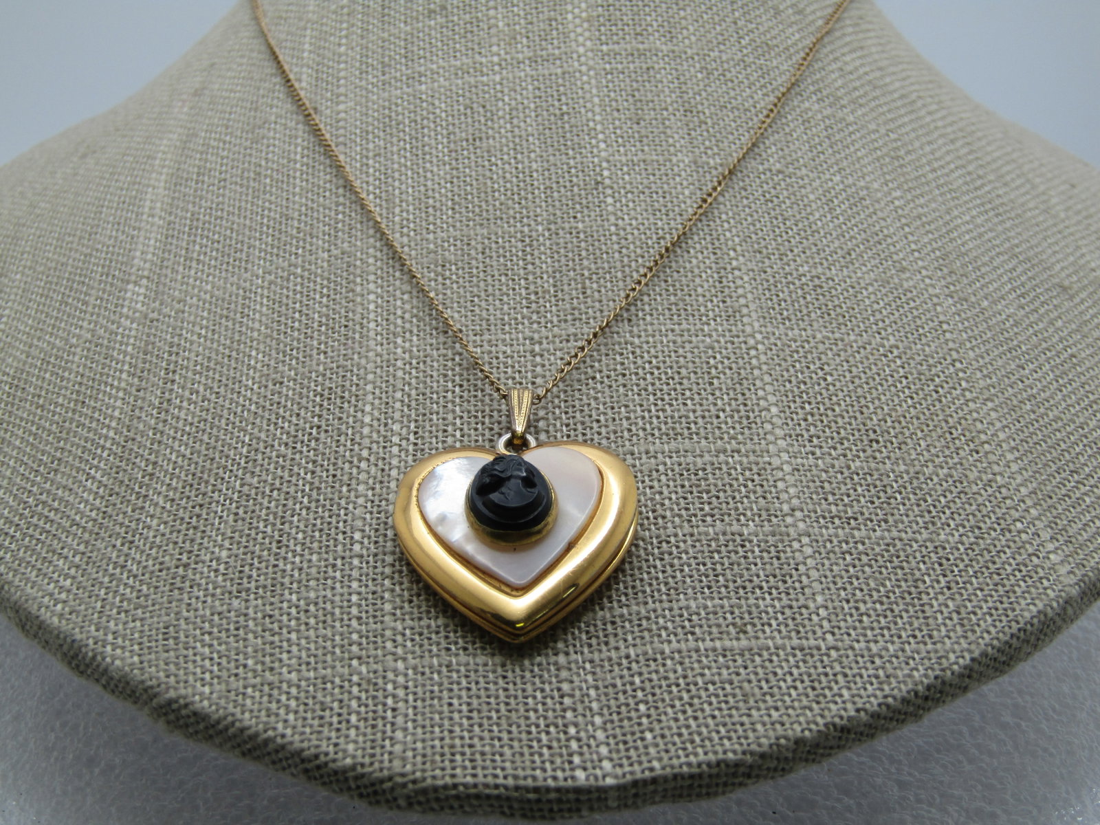 Vintage MOP Cameo Heart Locket Necklace, 16", 12kt. G.F., 1950's-1960's - 2