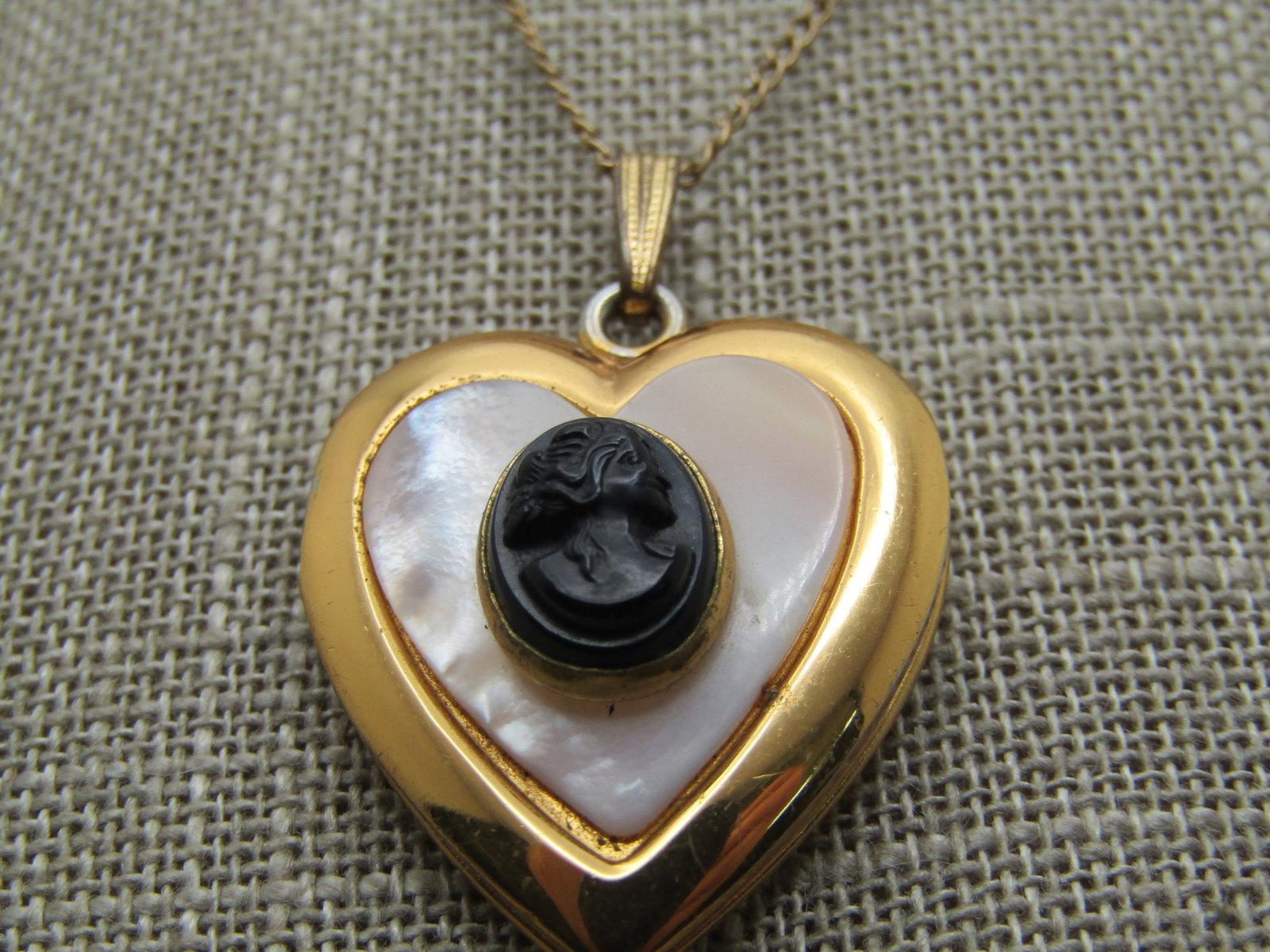 Vintage MOP Cameo Heart Locket Necklace, 16", 12kt. G.F., 1950's-1960's - 3