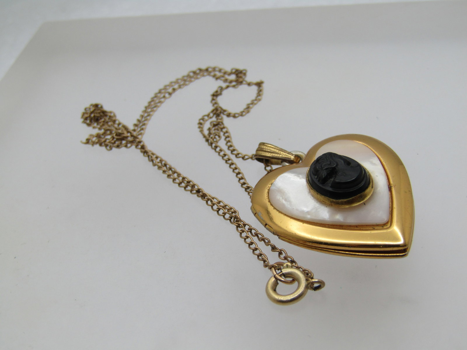 Vintage MOP Cameo Heart Locket Necklace, 16", 12kt. G.F., 1950's-1960's - 6