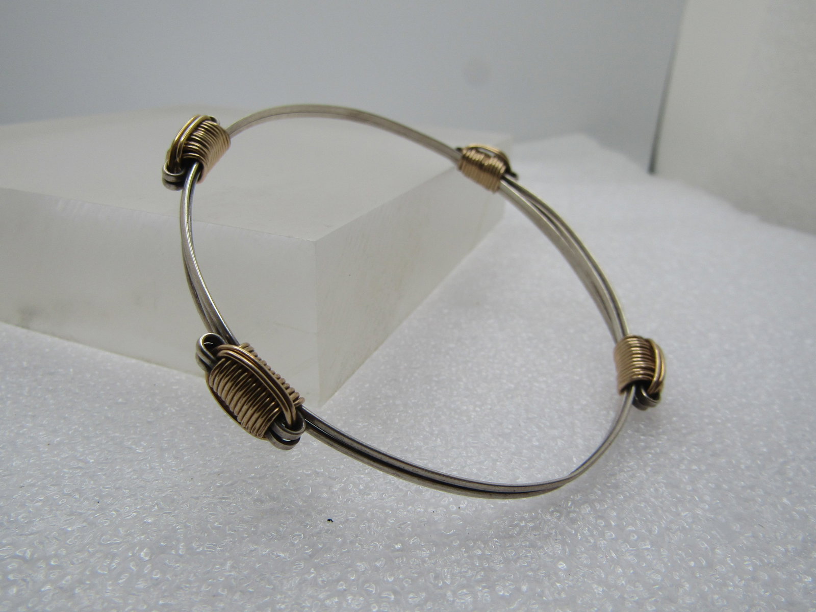 Vintage Sterling Multi-Strand Sliding Bangle Bracelet with 10kt Gold Wire Wraps, sz. 6"-9", Unisex, - 6