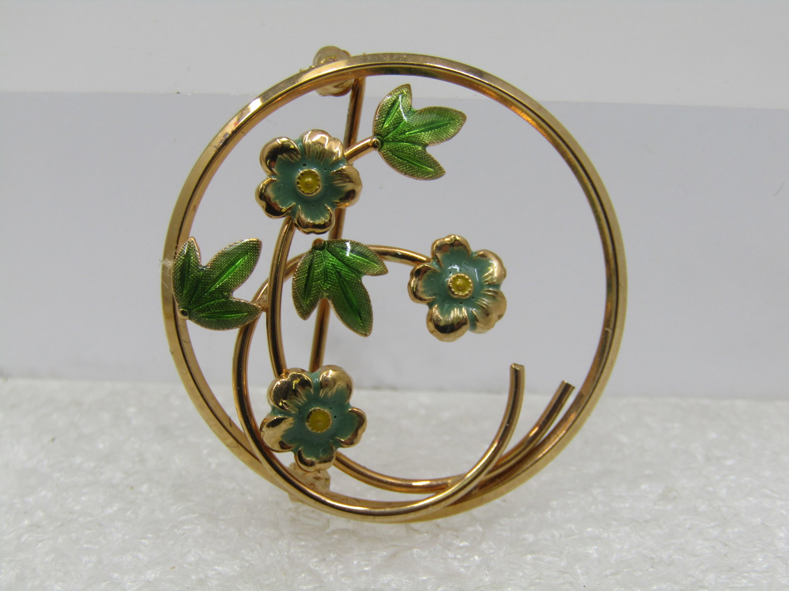 Vintage Enameled Floral Circle Brooch, Forget-me-Nots, Van Dell - 3