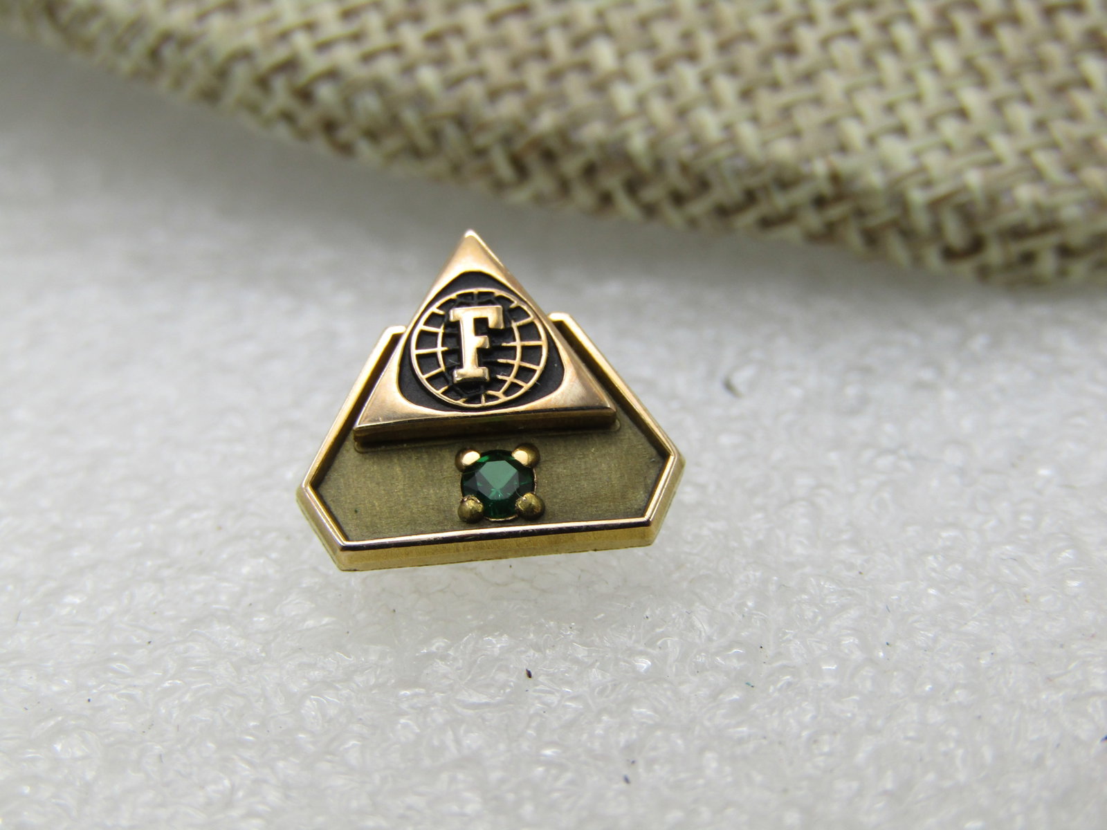 Vintage 10kt GF Emerald F World Logo Tack Pin, Button Chain - 5