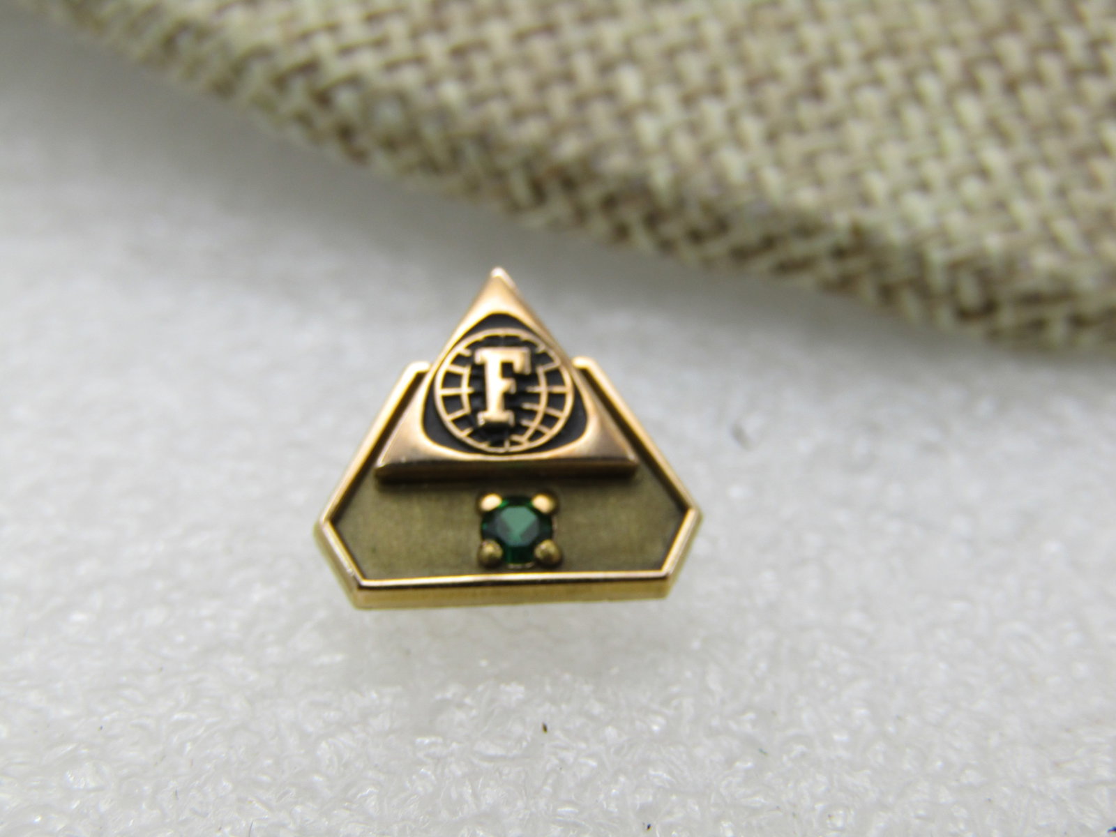 Vintage 10kt GF Emerald F World Logo Tack Pin, Button Chain - 6