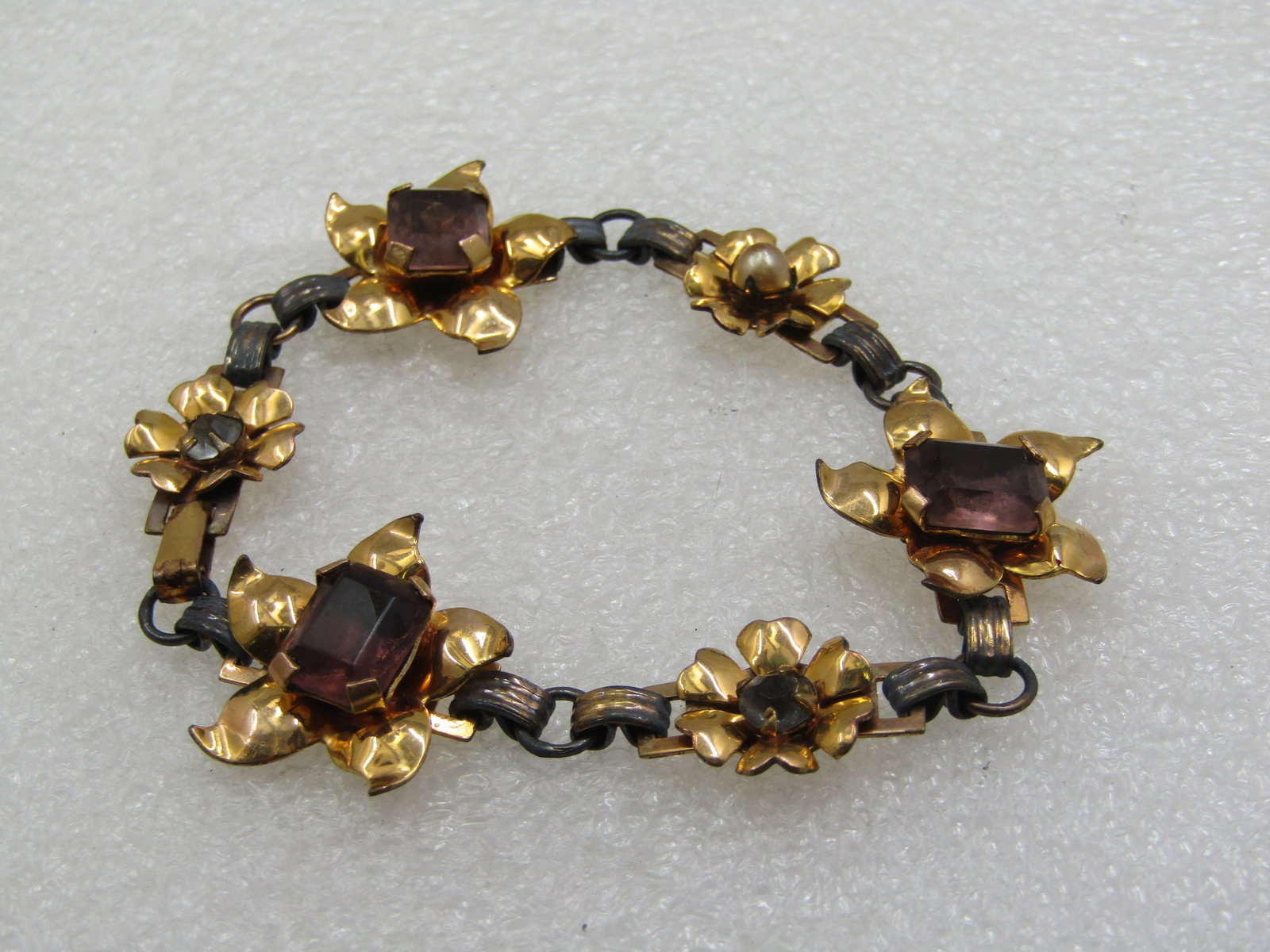 Vintage 1/20 12kt G.F. Rhinestone Floral Blossom Bracelet, 7" (1 of 7)