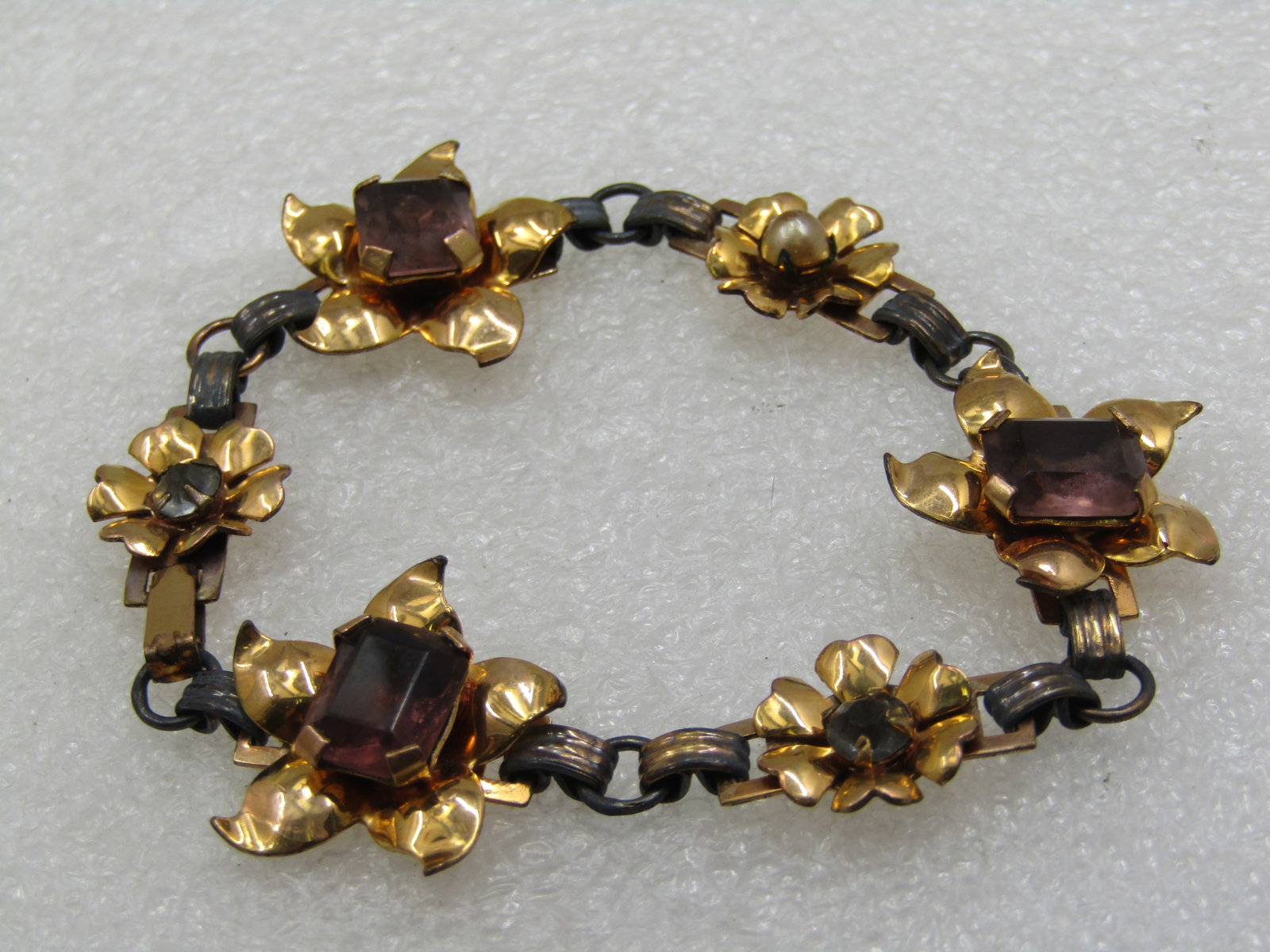 Vintage 1/20 12kt G.F. Rhinestone Floral Blossom Bracelet, 7" - 2