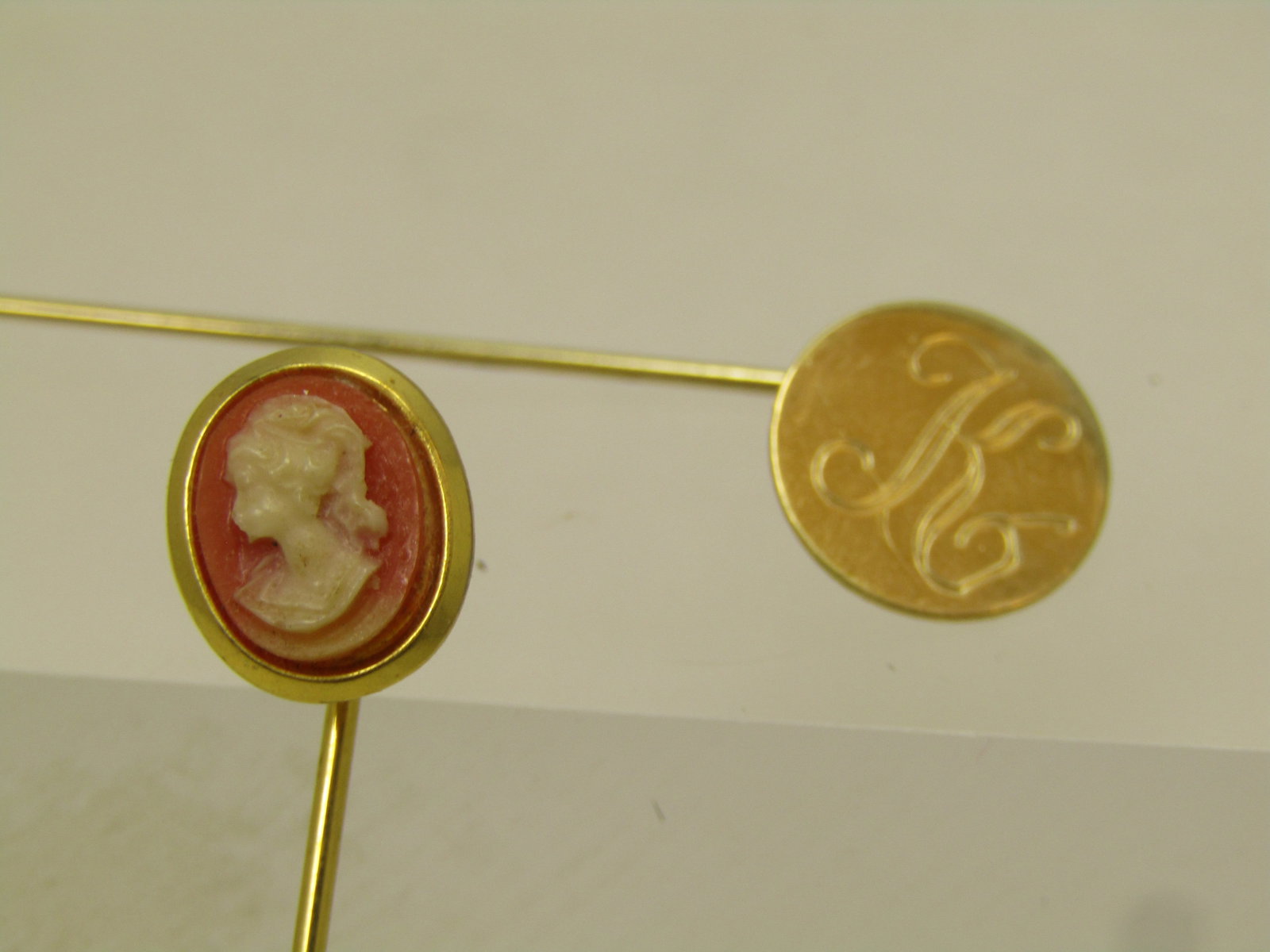 Vintage Cameo and Initial K Stick Pins, 1960's-1970's - 3