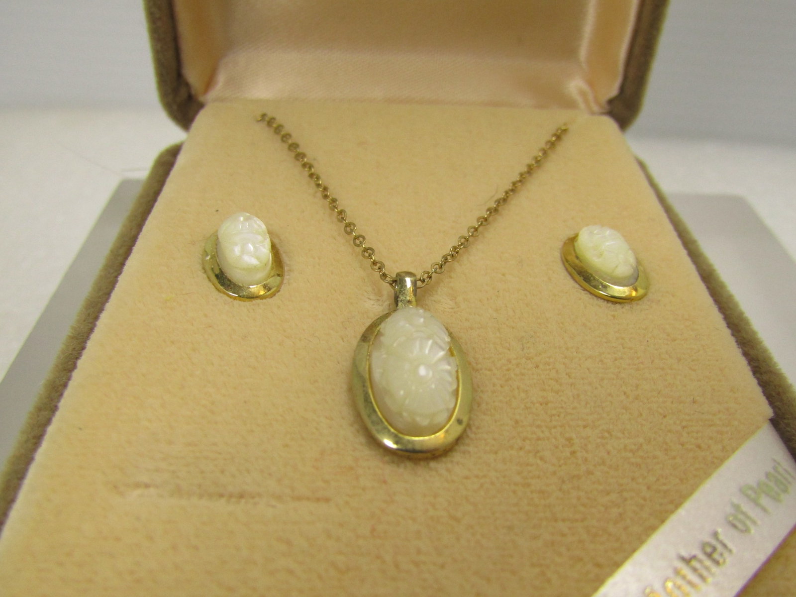 Vintage Carved Floral Cameo Necklace and Earrings, Imperial, 4kt GF Original Box, 1960's - 2