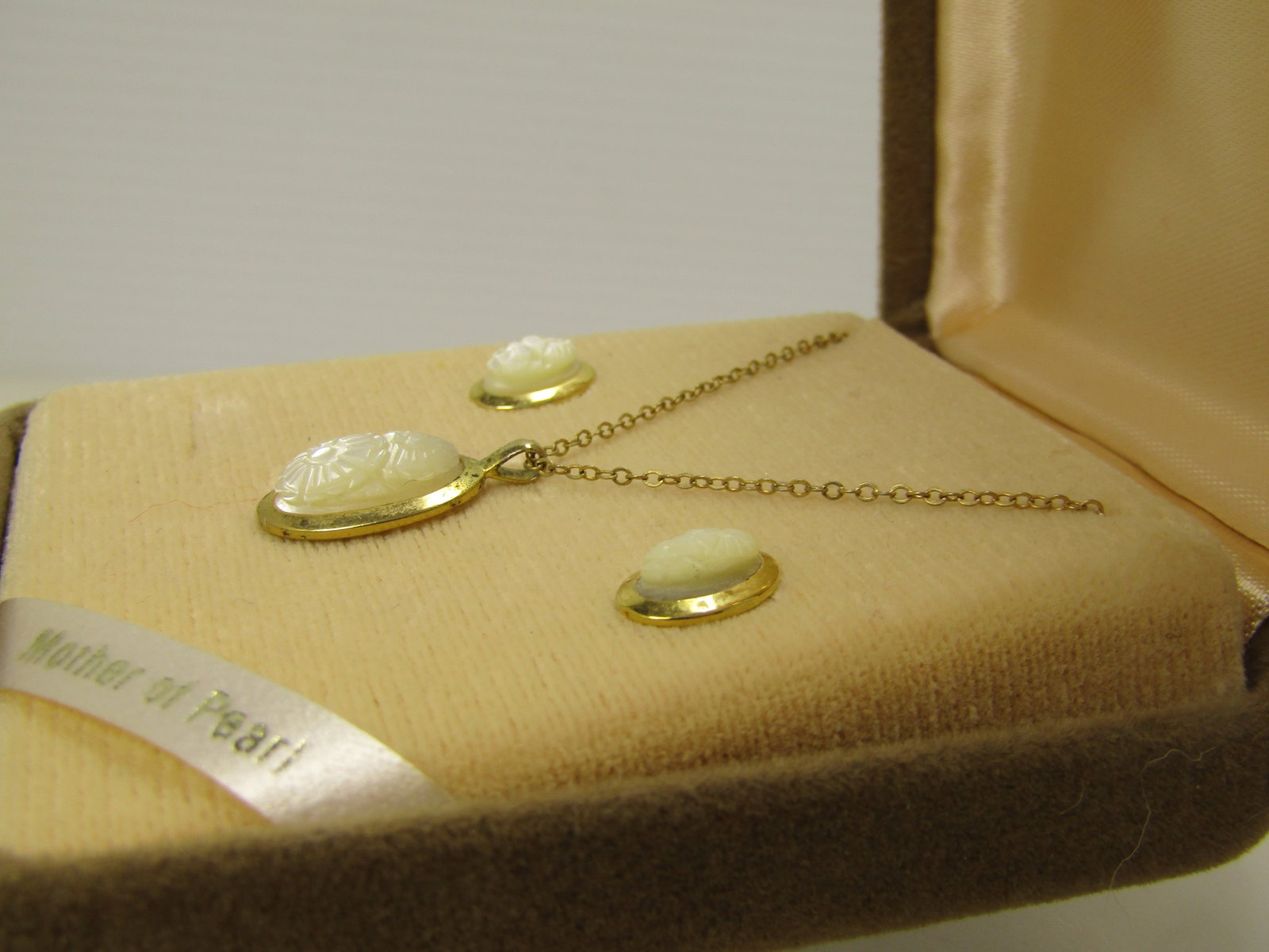 Vintage Carved Floral Cameo Necklace and Earrings, Imperial, 4kt GF Original Box, 1960's - 3