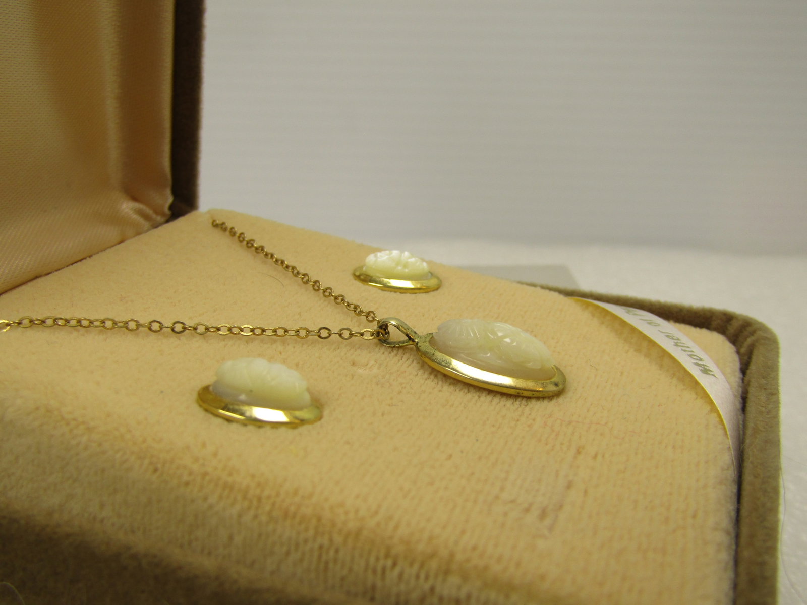 Vintage Carved Floral Cameo Necklace and Earrings, Imperial, 4kt GF Original Box, 1960's - 4
