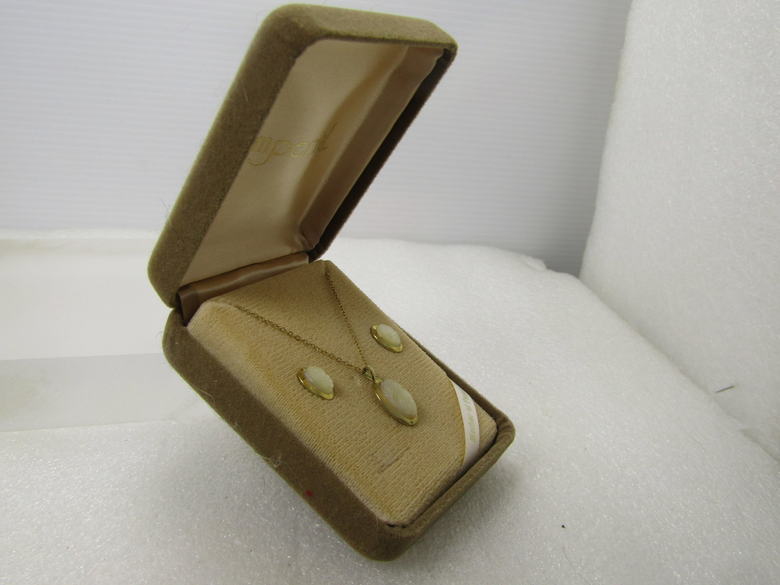 Vintage Carved Floral Cameo Necklace and Earrings, Imperial, 4kt GF Original Box, 1960's - 8