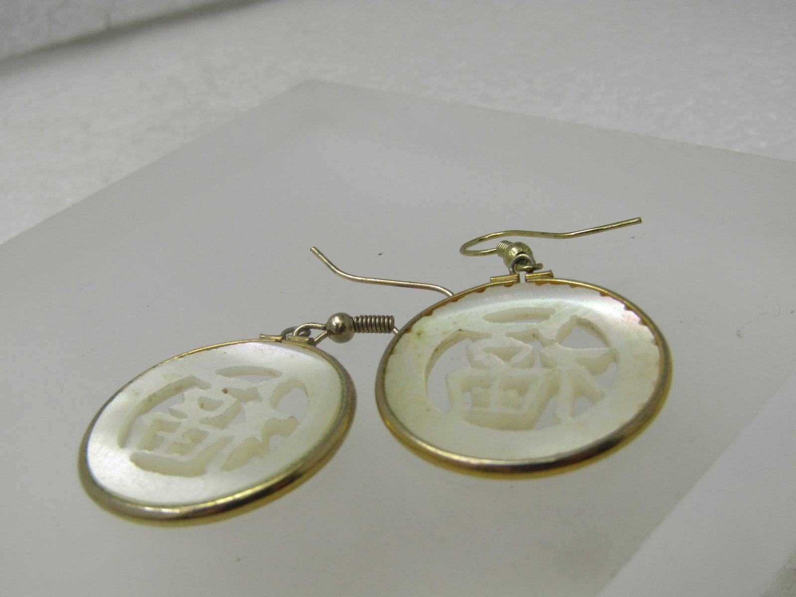 Vintage Carved Mother-of-pearl Asian Earrings, Pierced, 1960's-1970's, 1.75" - 4