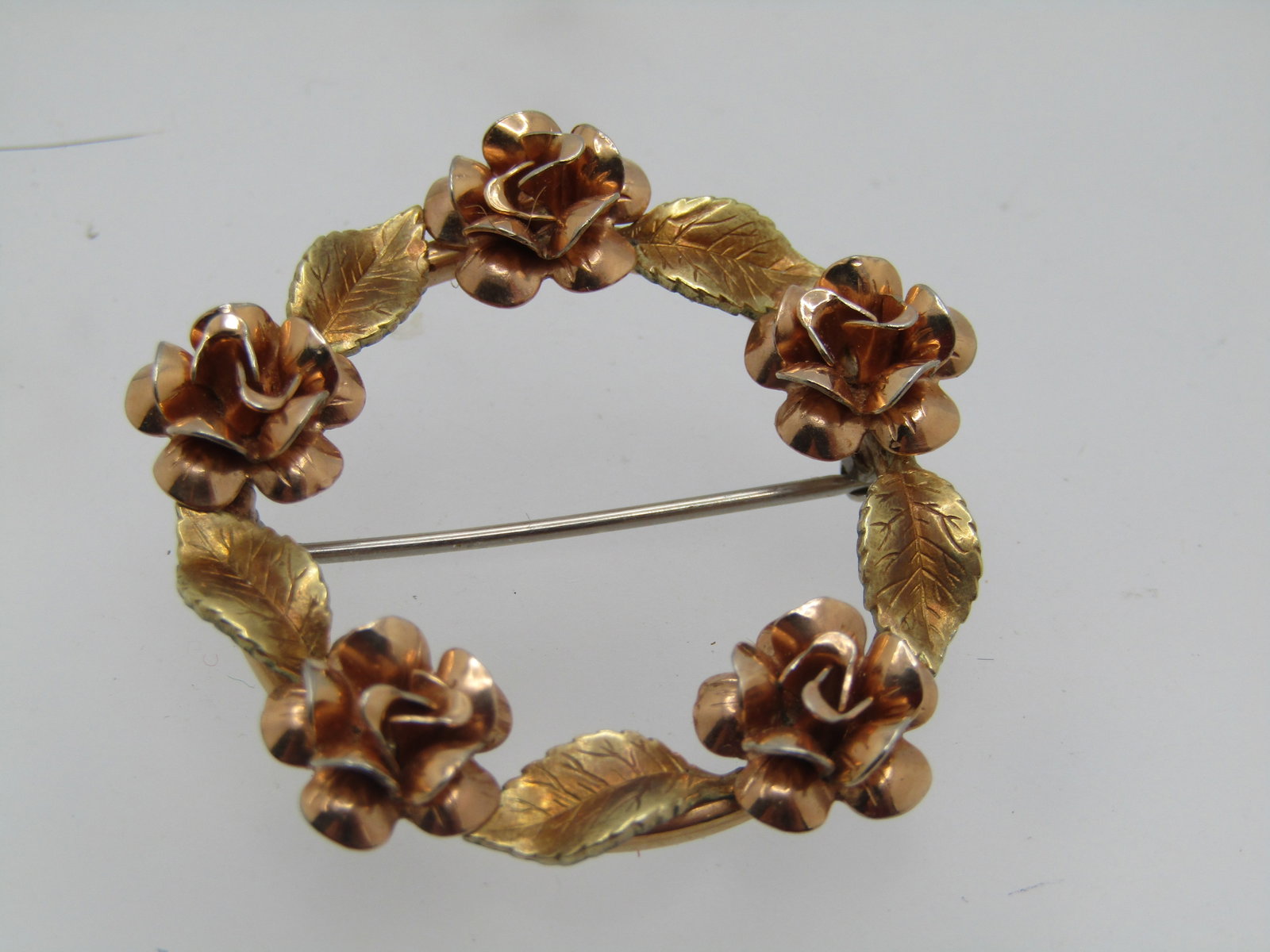 Vintage Floral Leaf Circle Brooch, Two-Tone, 1.5" - 2
