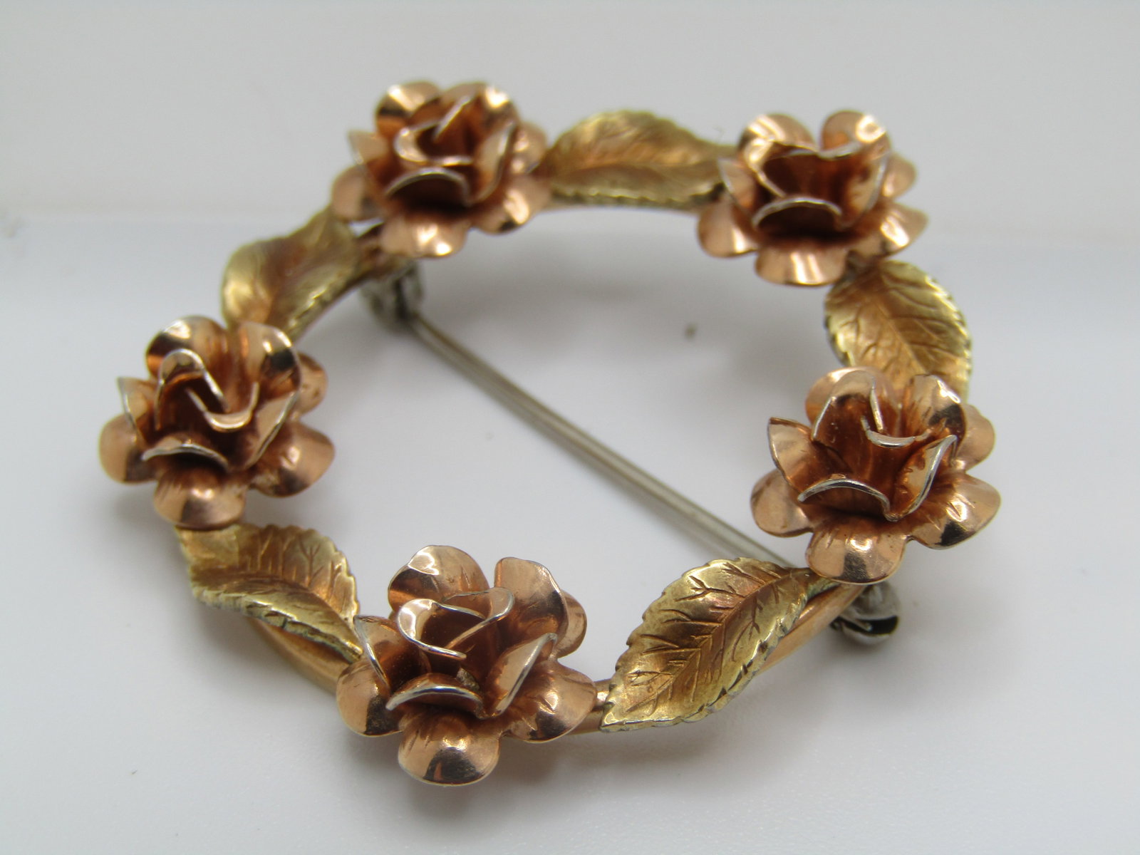 Vintage Floral Leaf Circle Brooch, Two-Tone, 1.5" - 6