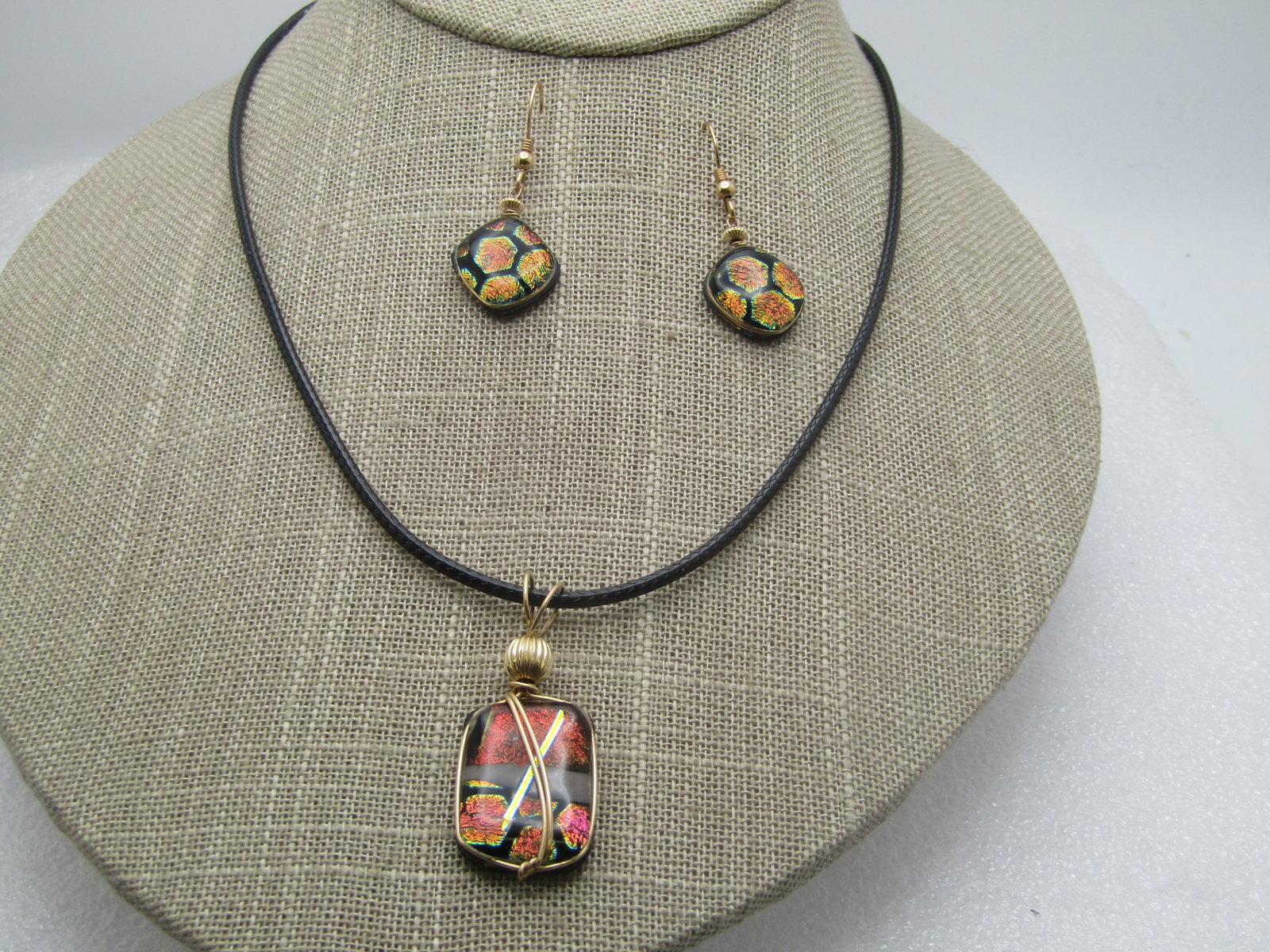 10kt G.F. Black Dichroic Multi-Color Glass Necklace and Earrings Set, Pierced, 24-26". " - 2