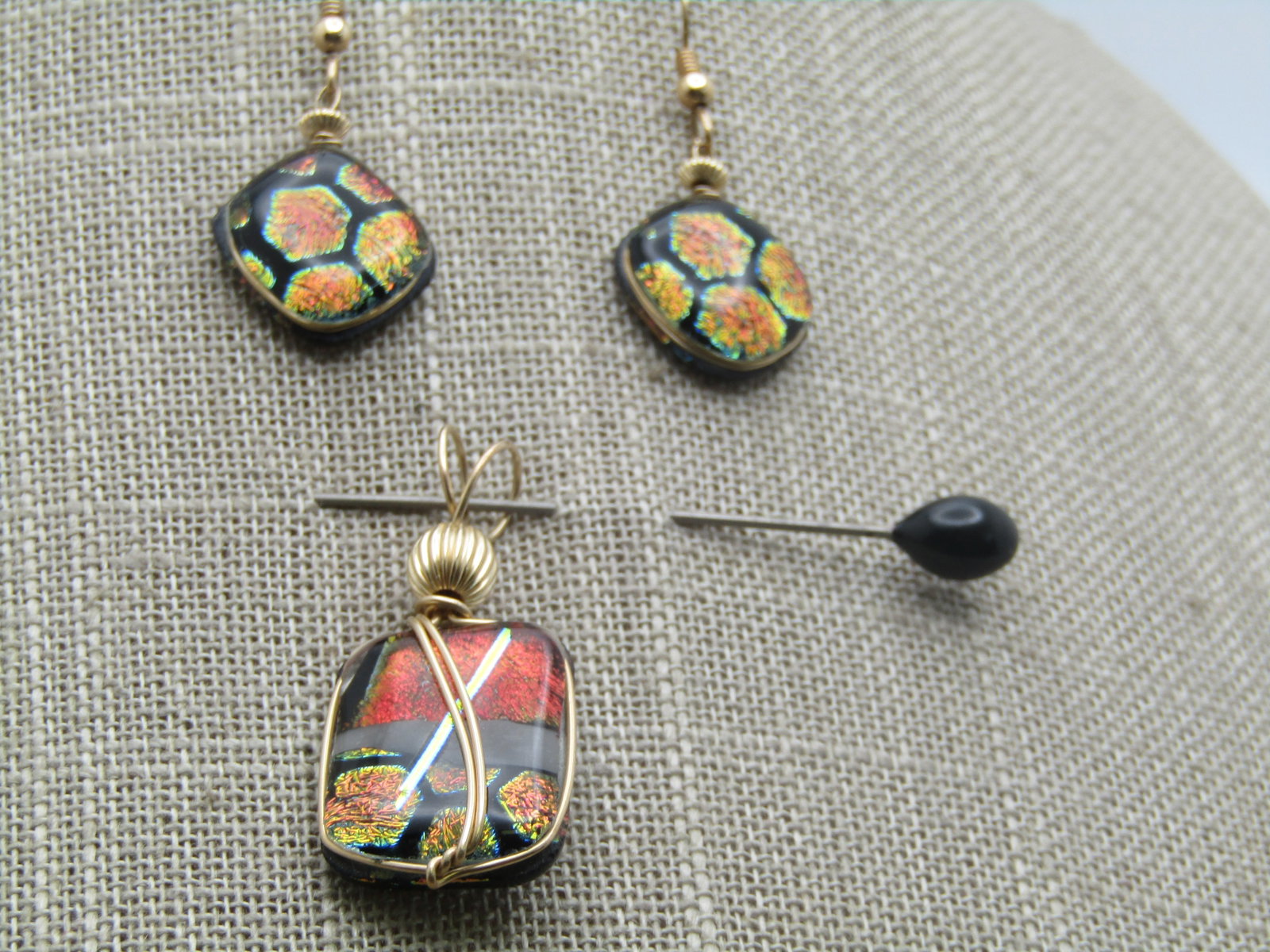 10kt G.F. Black Dichroic Multi-Color Glass Necklace and Earrings Set, Pierced, 24-26". " - 8