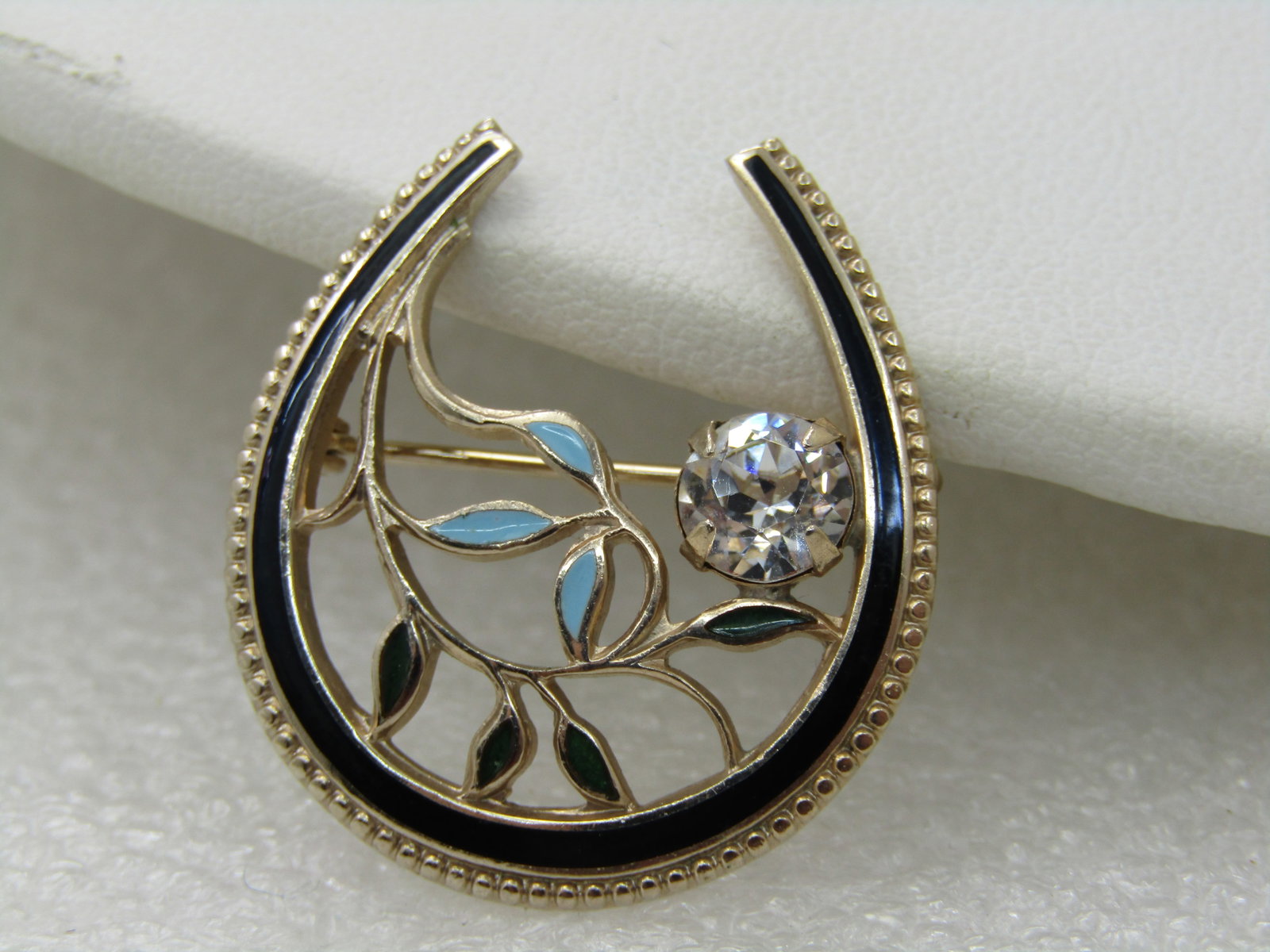 Vintage 10kt G.F. Enameled Rhinestone Horeshoe Floral Brooch, 1-1/8" - 3