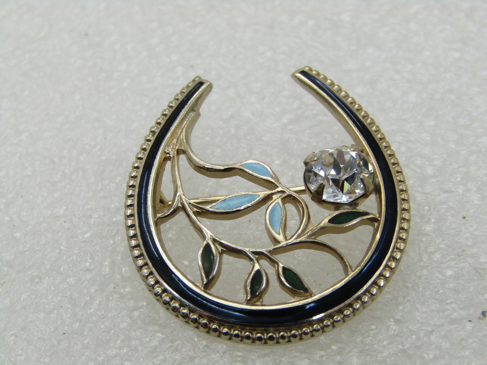 Vintage 10kt G.F. Enameled Rhinestone Horeshoe Floral Brooch, 1-1/8" - 7