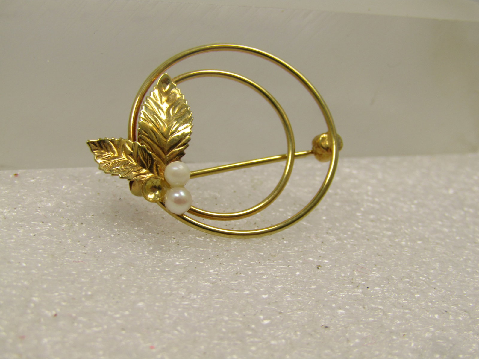 Vintage 12kt GF Faux Pearl Brooch, Leaf Accents, Signed Carla, 1960's - 2