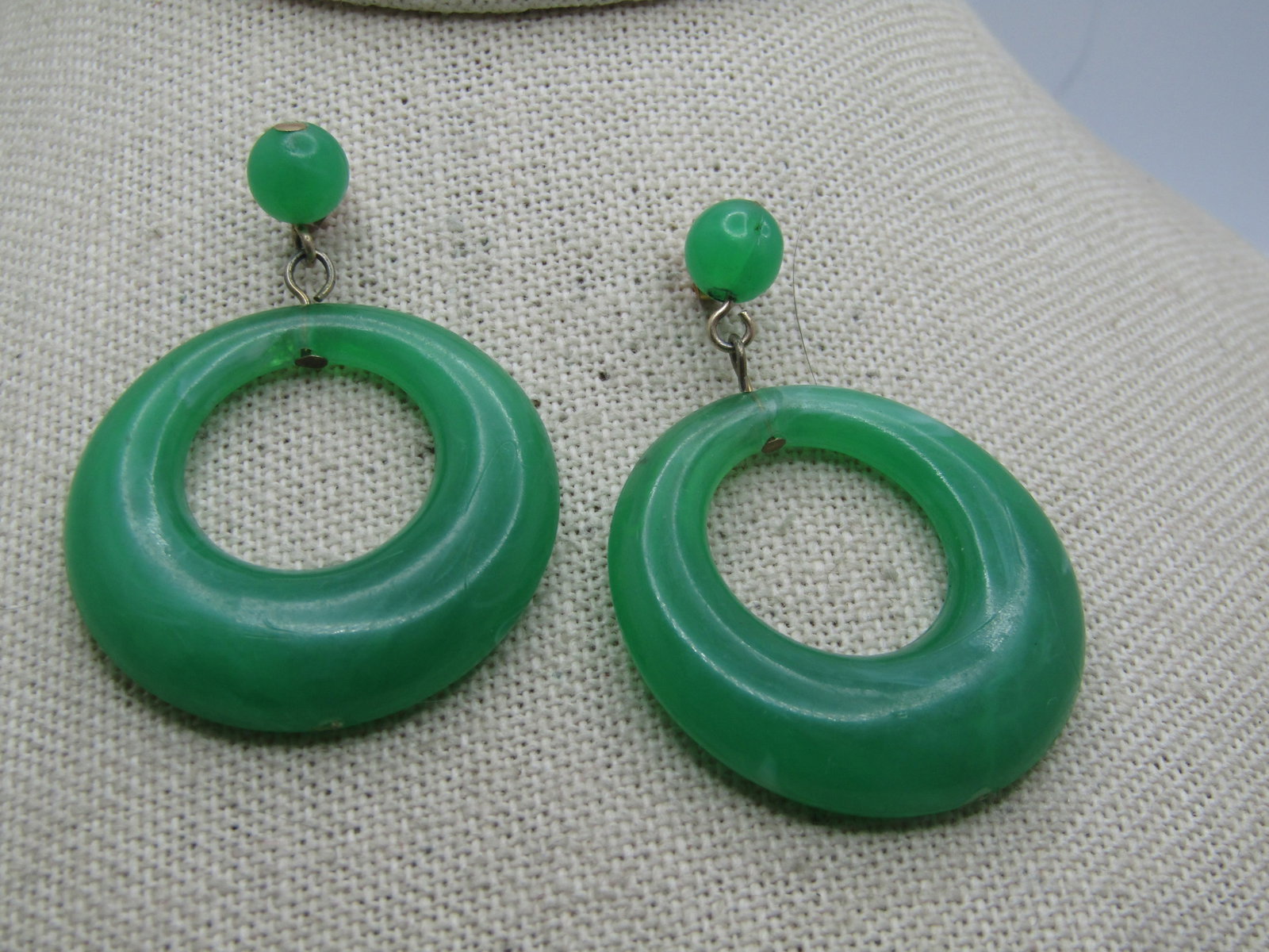 Vintage Green Stud and Drop Hoop Earrings, Pierced, 1960's-1970's (1 of 4)