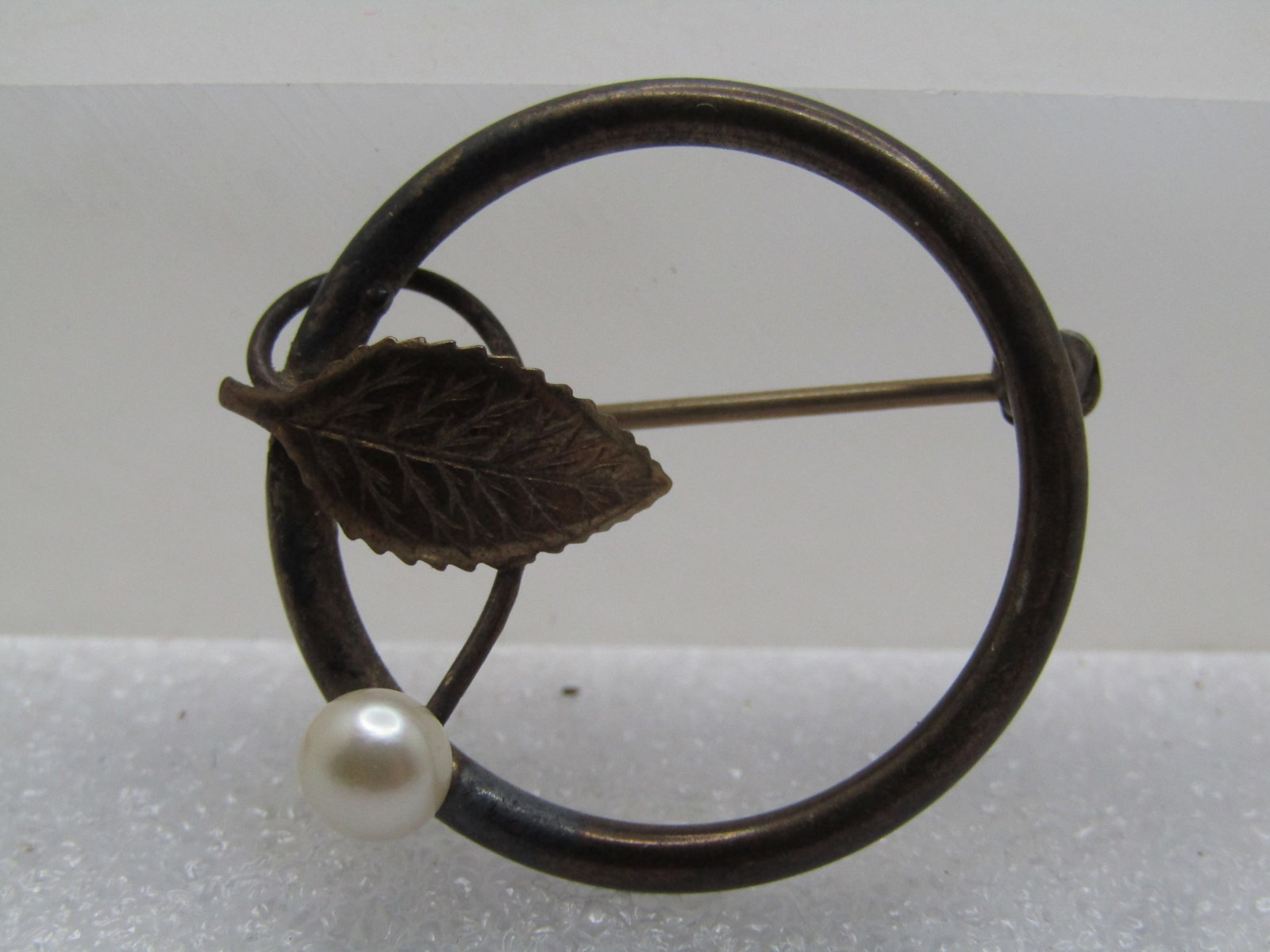 Vintage 14kt GF Faux Pearl Leaf Brooch, Circle, Signed DCE, 1960's (1 of 6)