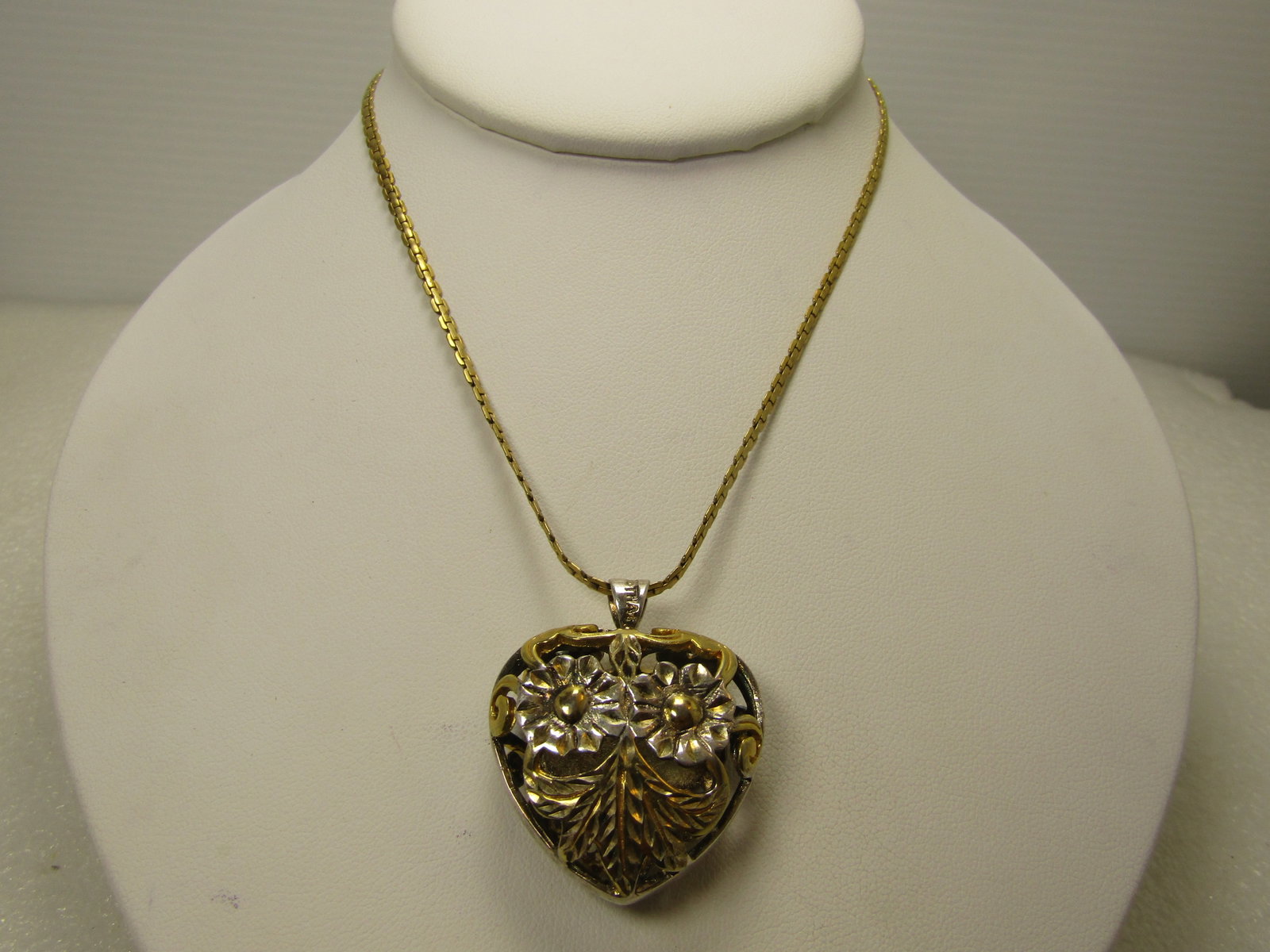 Vintage Caged Floral Heart Pendant Necklace, .925/Gold Filled, 22" (1 of 7)