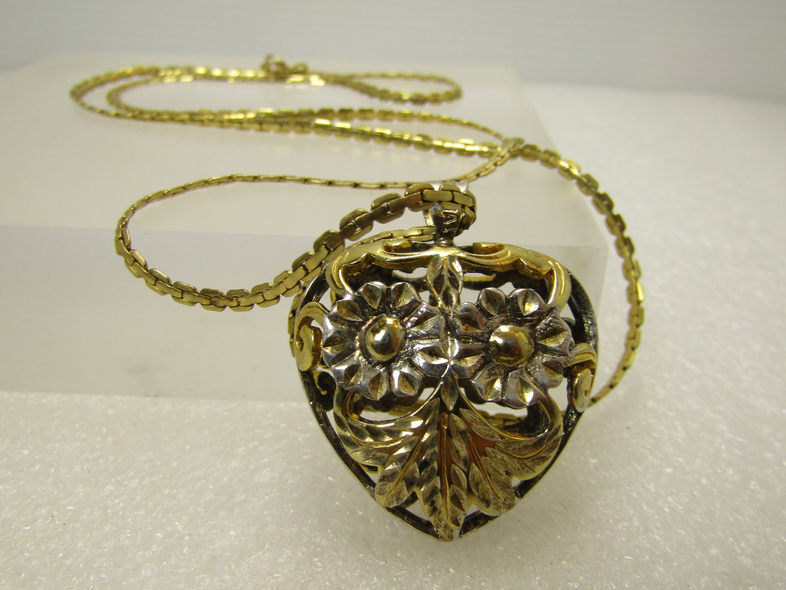 Vintage Caged Floral Heart Pendant Necklace, .925/Gold Filled, 22" - 6