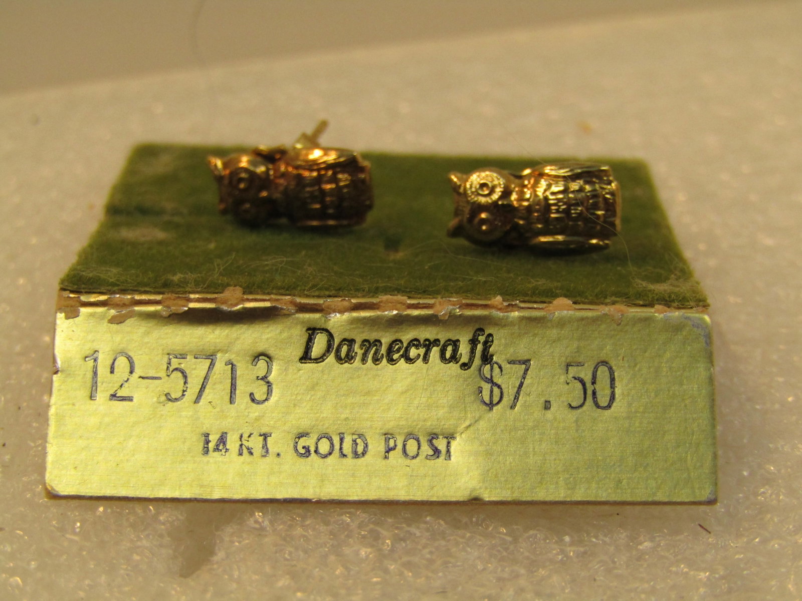 Vintage Owl Pierced Earrings, 14kt Gold Posts, 1960's-1970's - 2